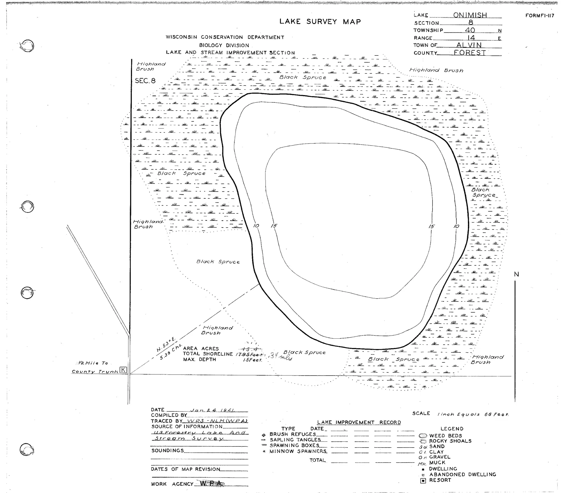Onimish Lake historical Wisconsin DNR depth map sheet 1