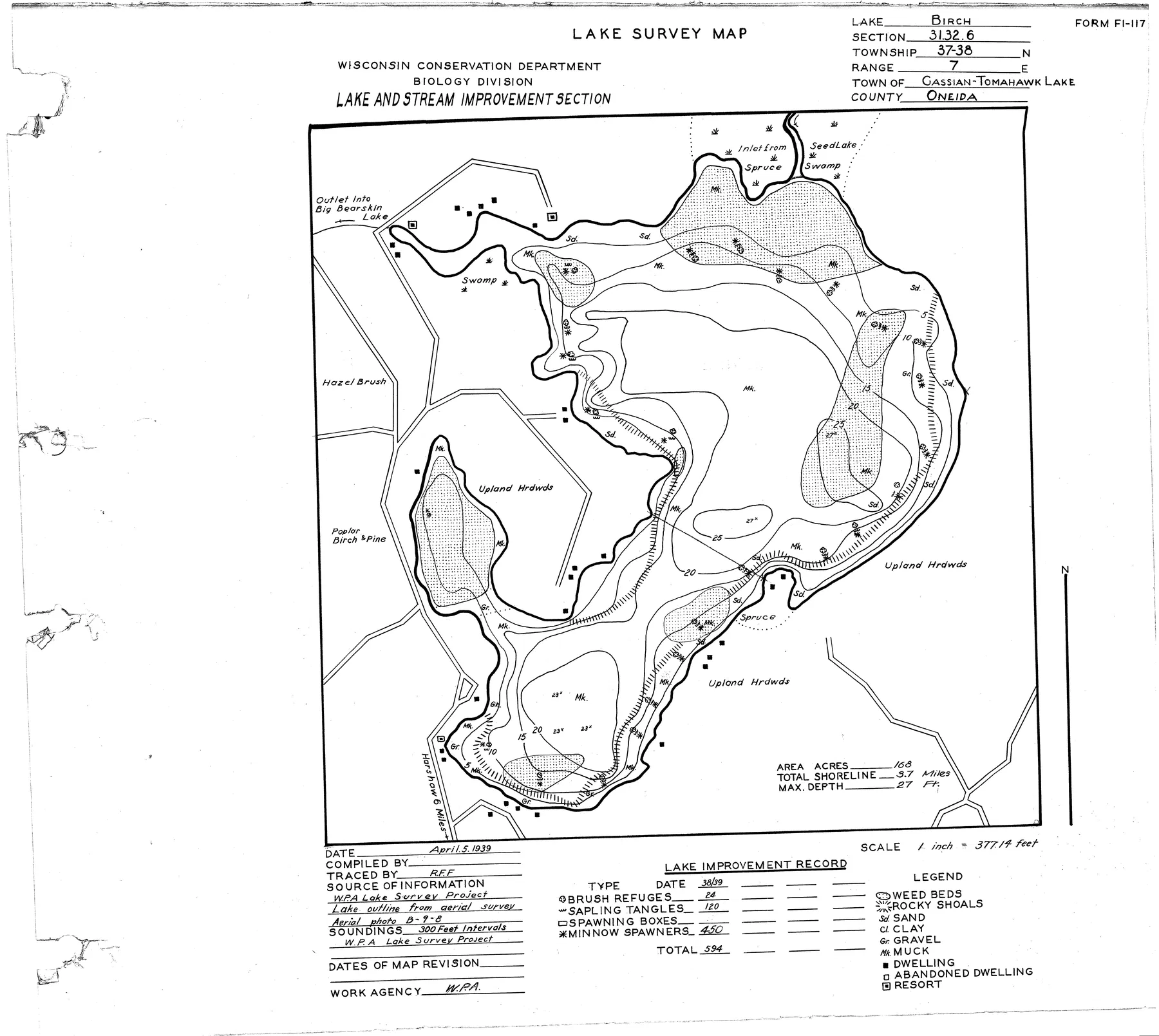 Birch Lake historical Wisconsin DNR depth map sheet 1