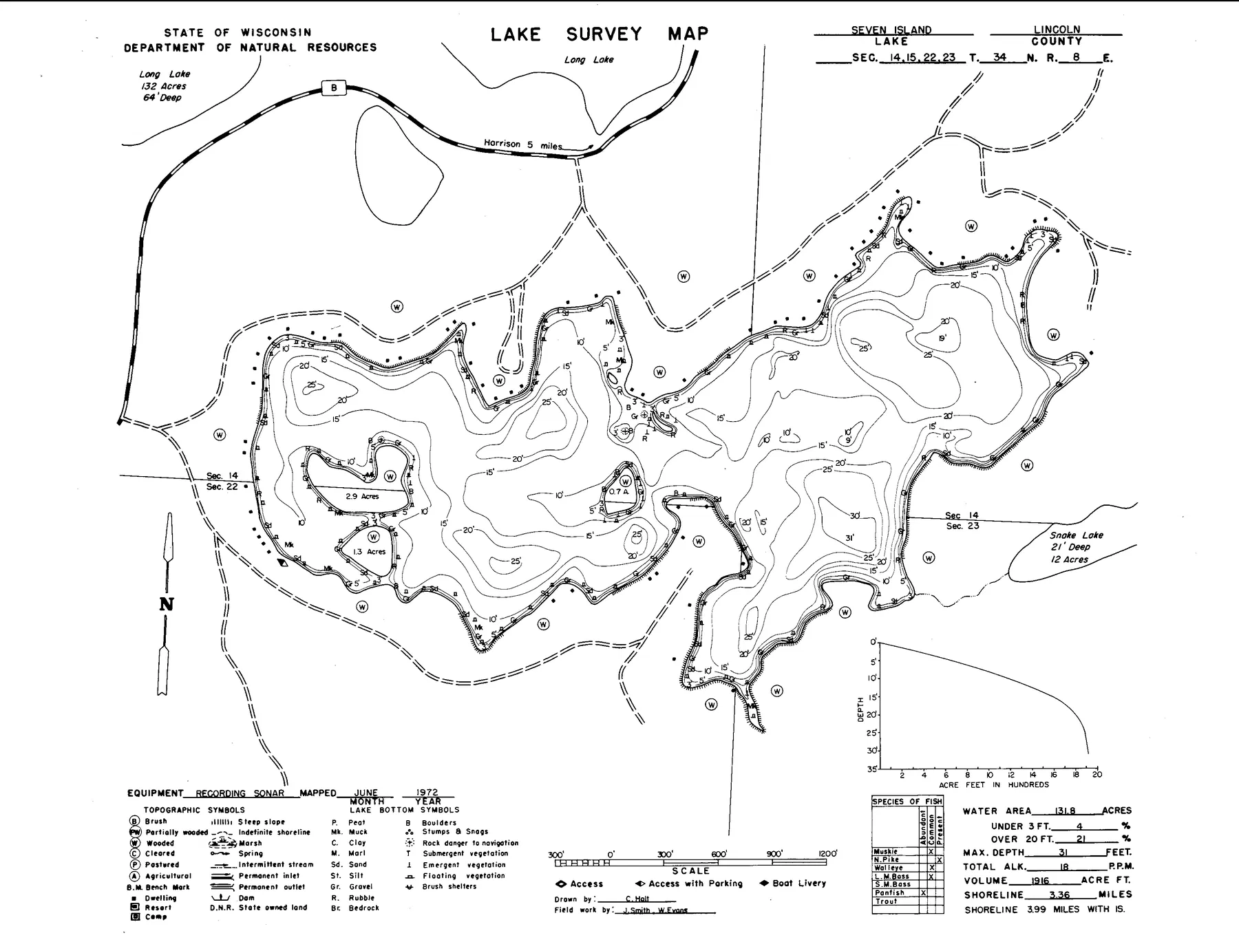 Seven Island Lake historical Wisconsin DNR depth map sheet 1