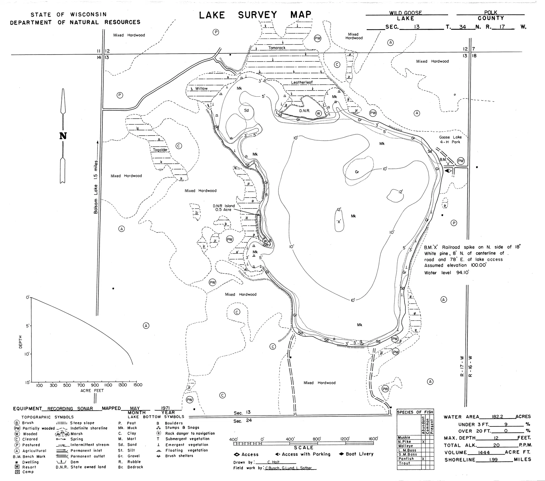 Wild Goose Lake historical Wisconsin DNR depth map sheet 1