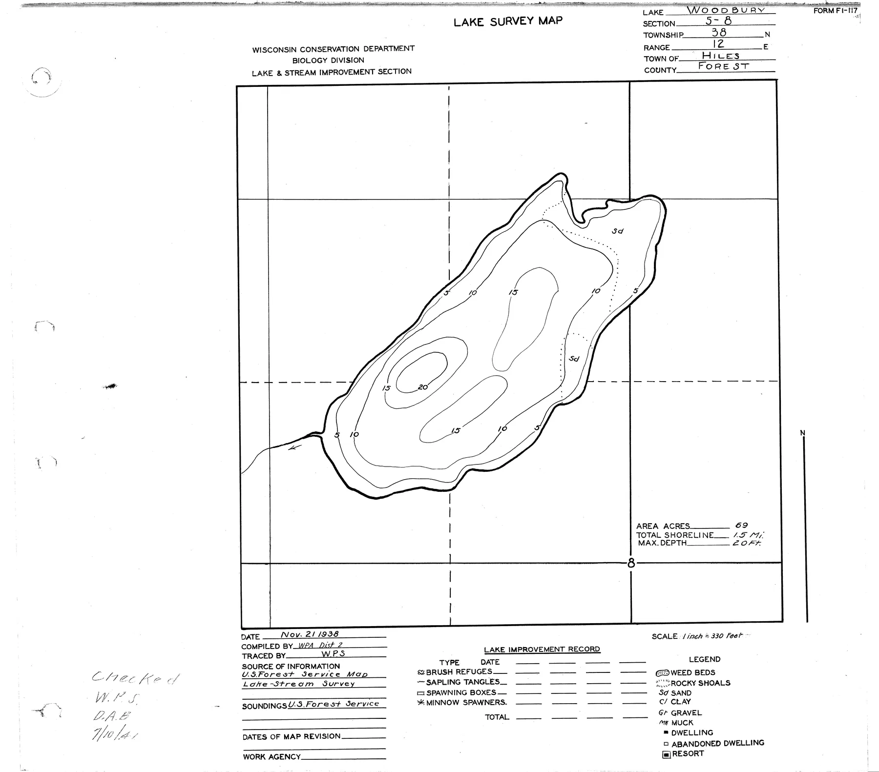 Woodbury Lake historical Wisconsin DNR depth map sheet 1