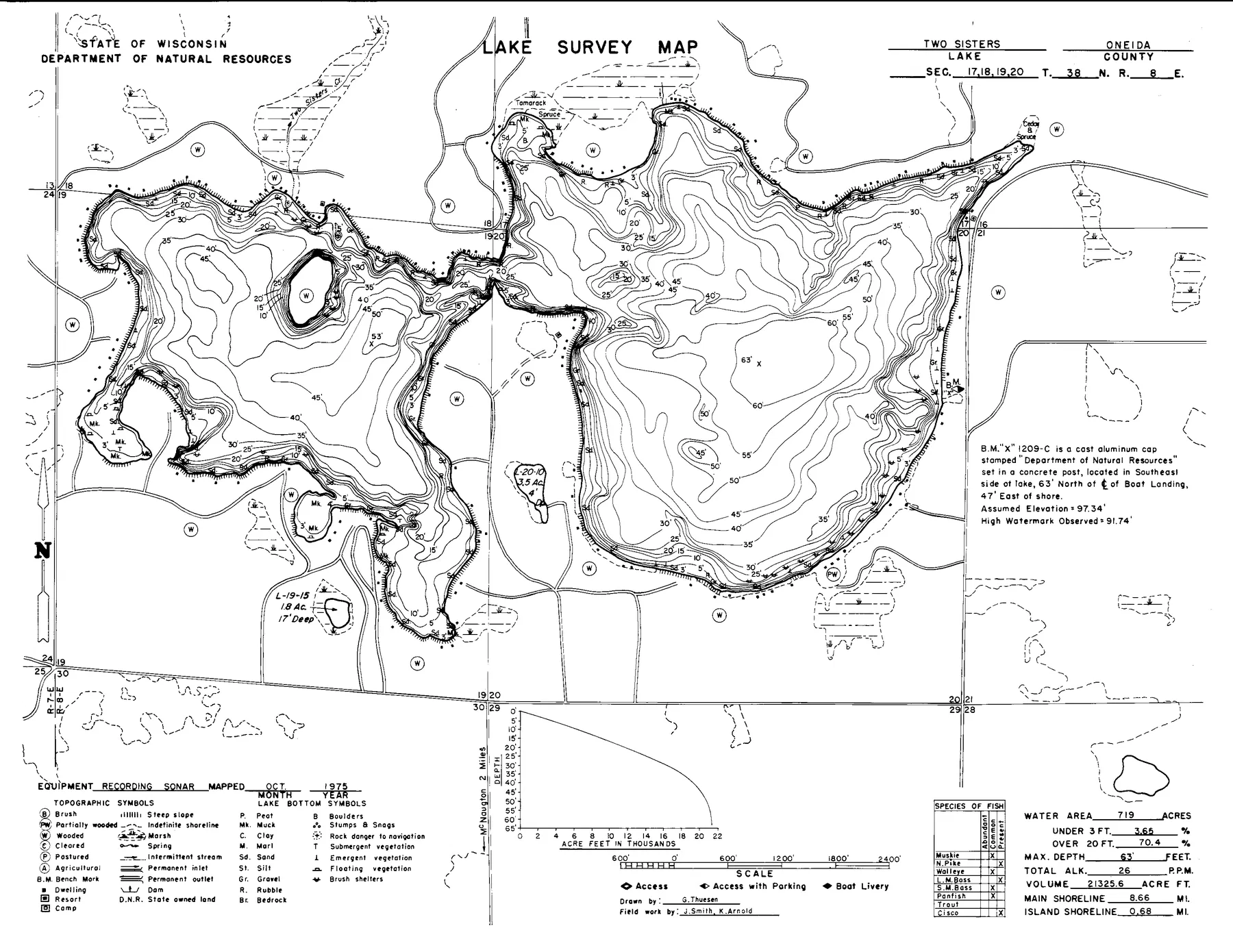 Two Sisters Lake historical Wisconsin DNR depth map sheet 1