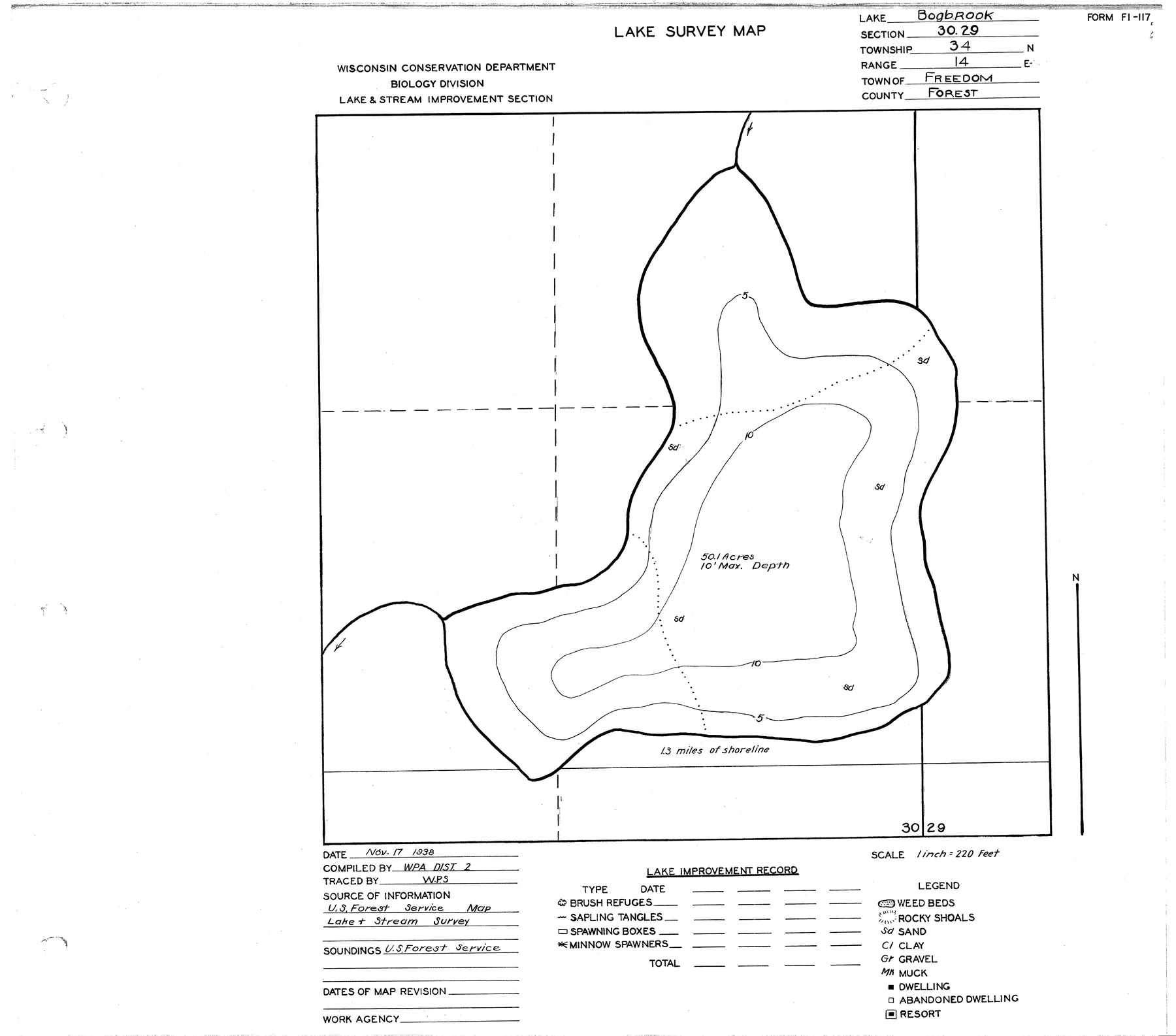 Bogbrook Lake historical Wisconsin DNR depth map sheet 1