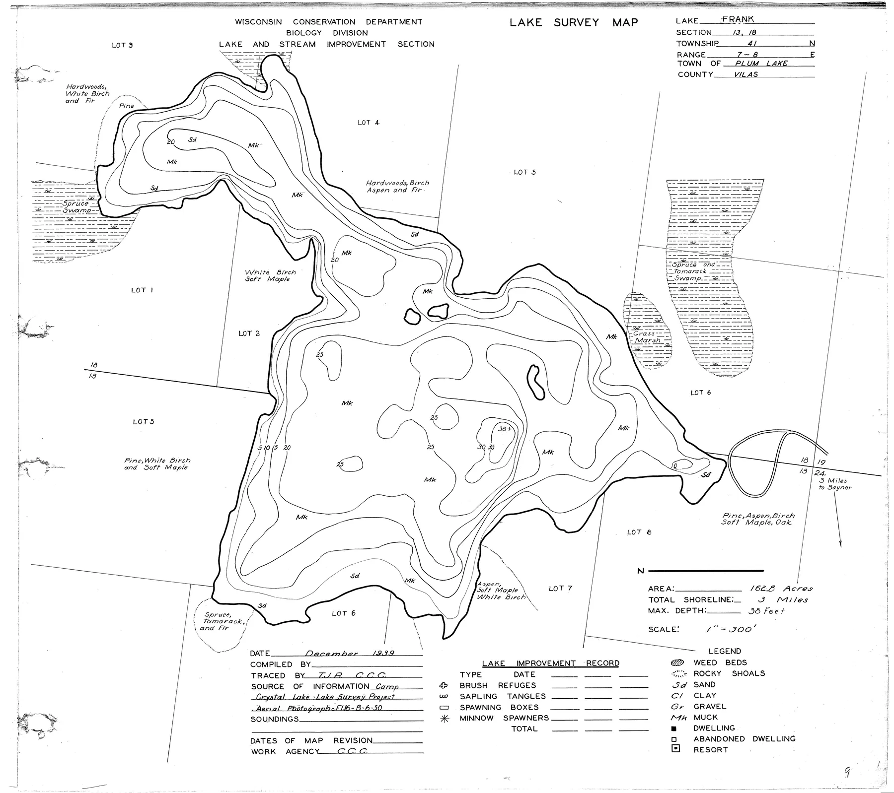 Frank Lake historical Wisconsin DNR depth map sheet 1
