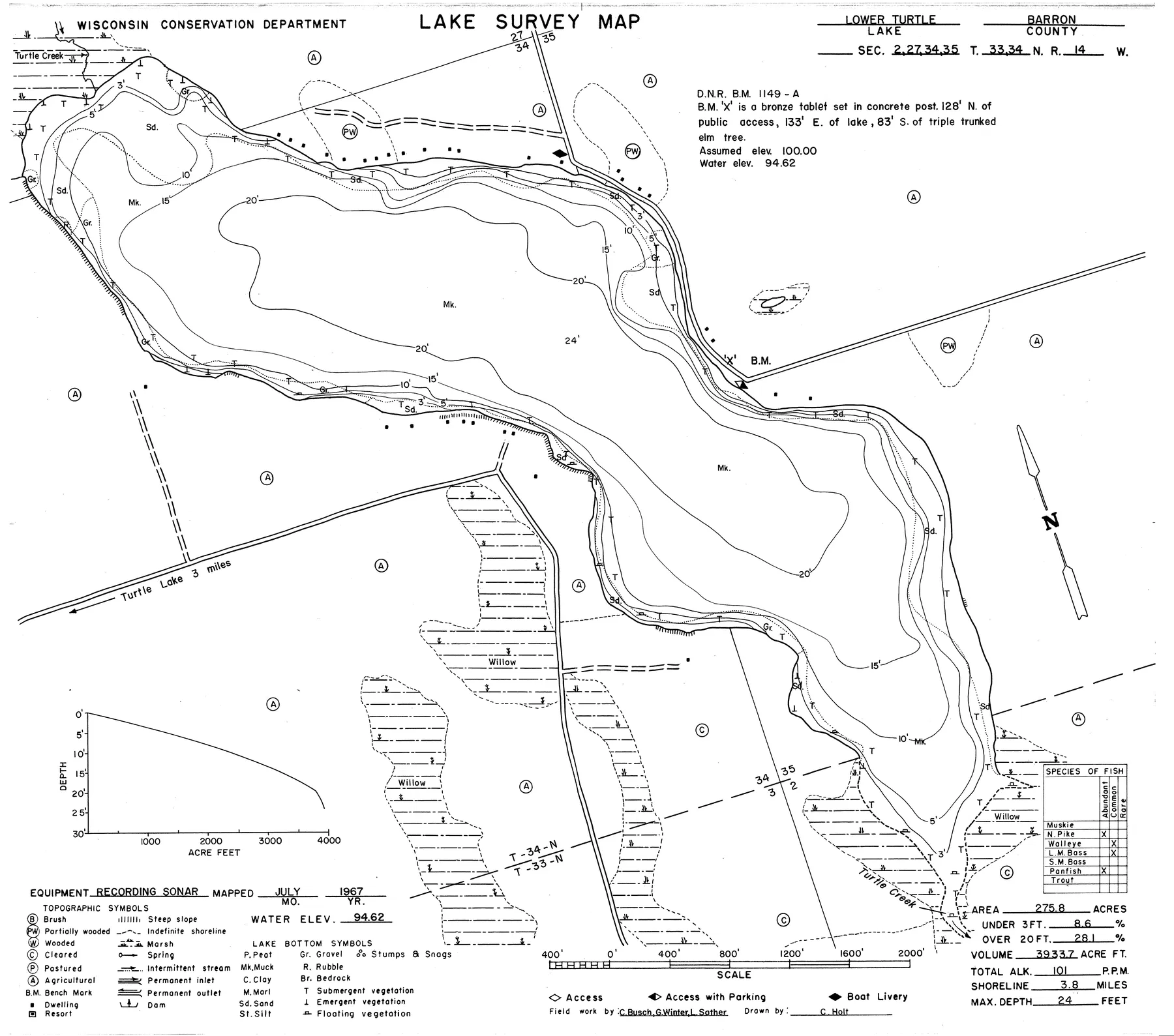 Lower Turtle Lake historical Wisconsin DNR depth map sheet 1