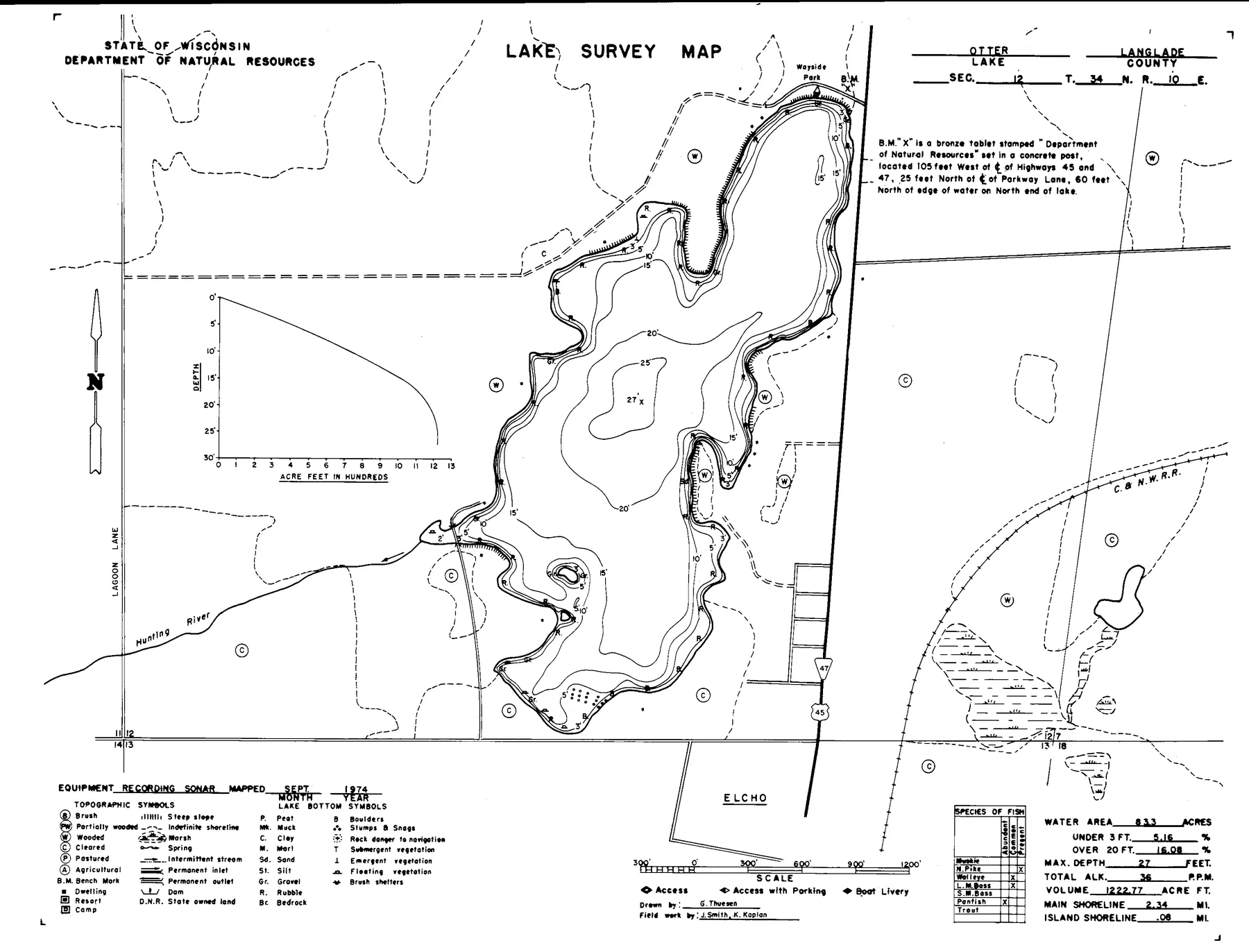 Otter Lake historical Wisconsin DNR depth map sheet 1