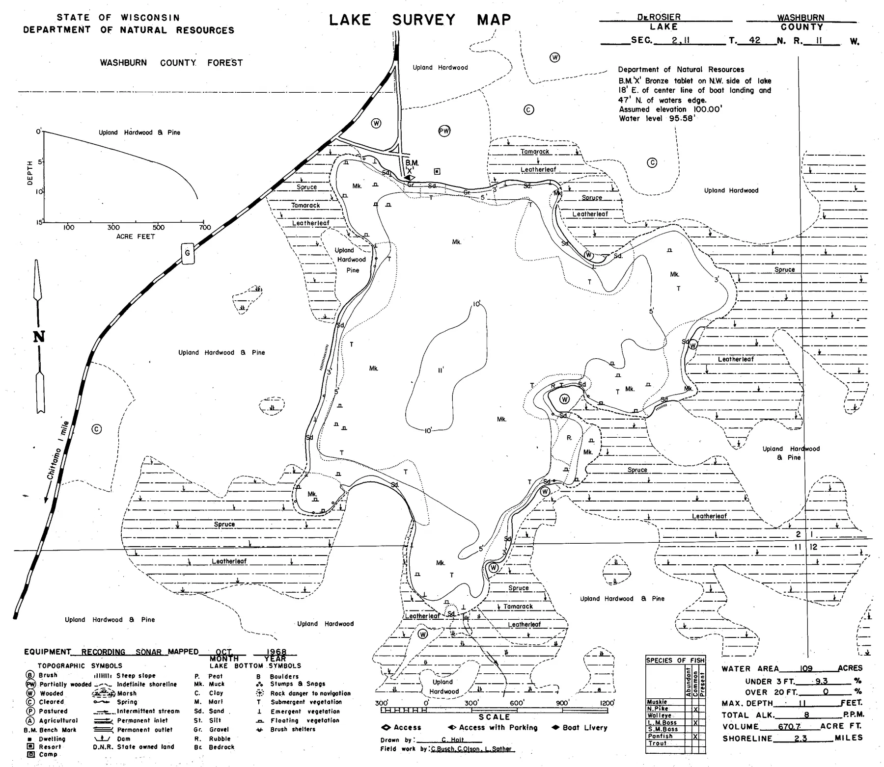 Derosier Lake historical Wisconsin DNR depth map sheet 1