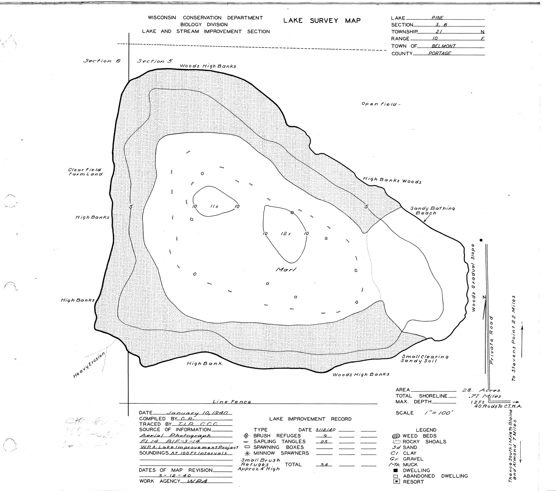 Pine Lake historical Wisconsin DNR depth map sheet 1
