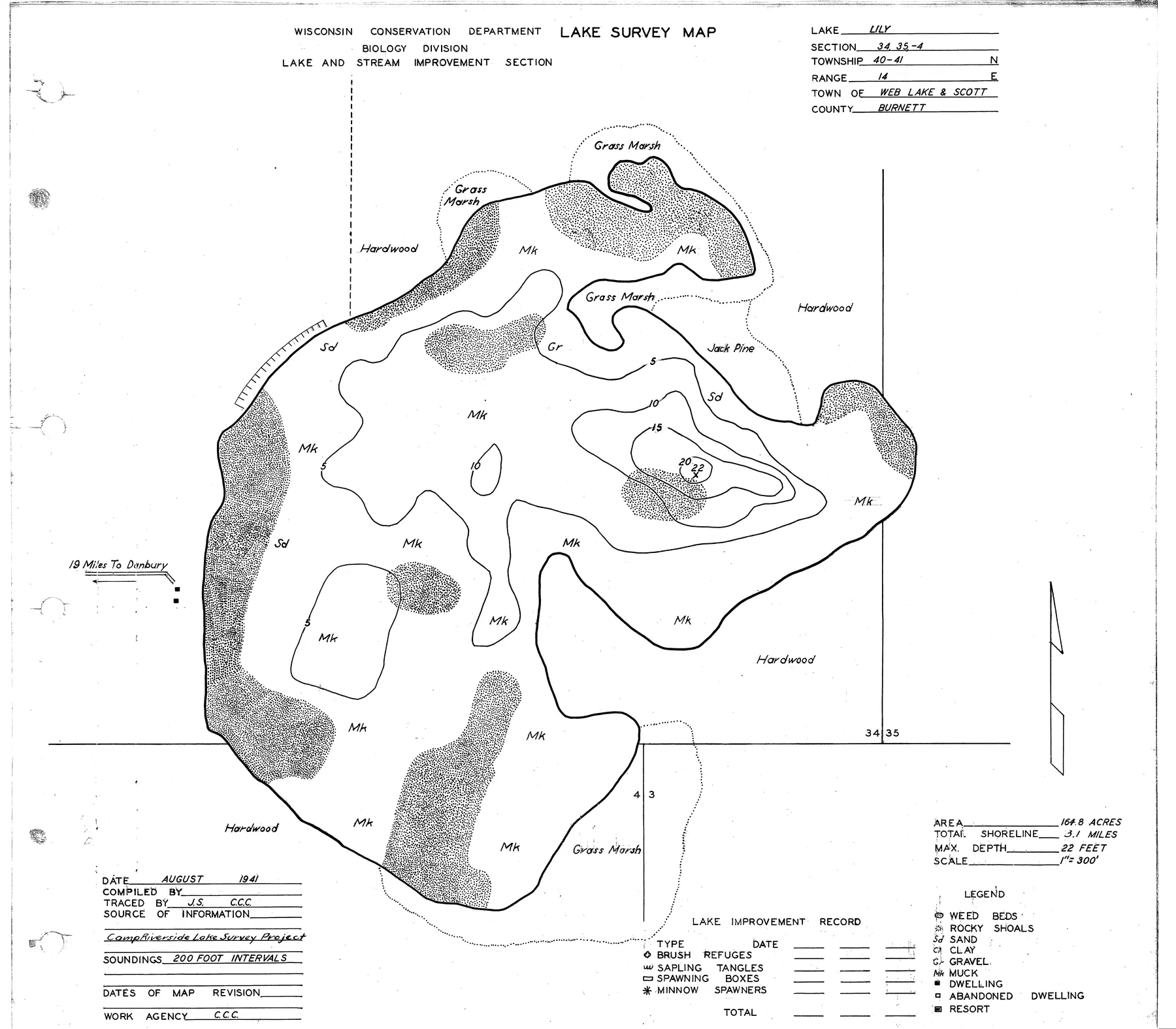 Lily Lake historical Wisconsin DNR depth map sheet 1