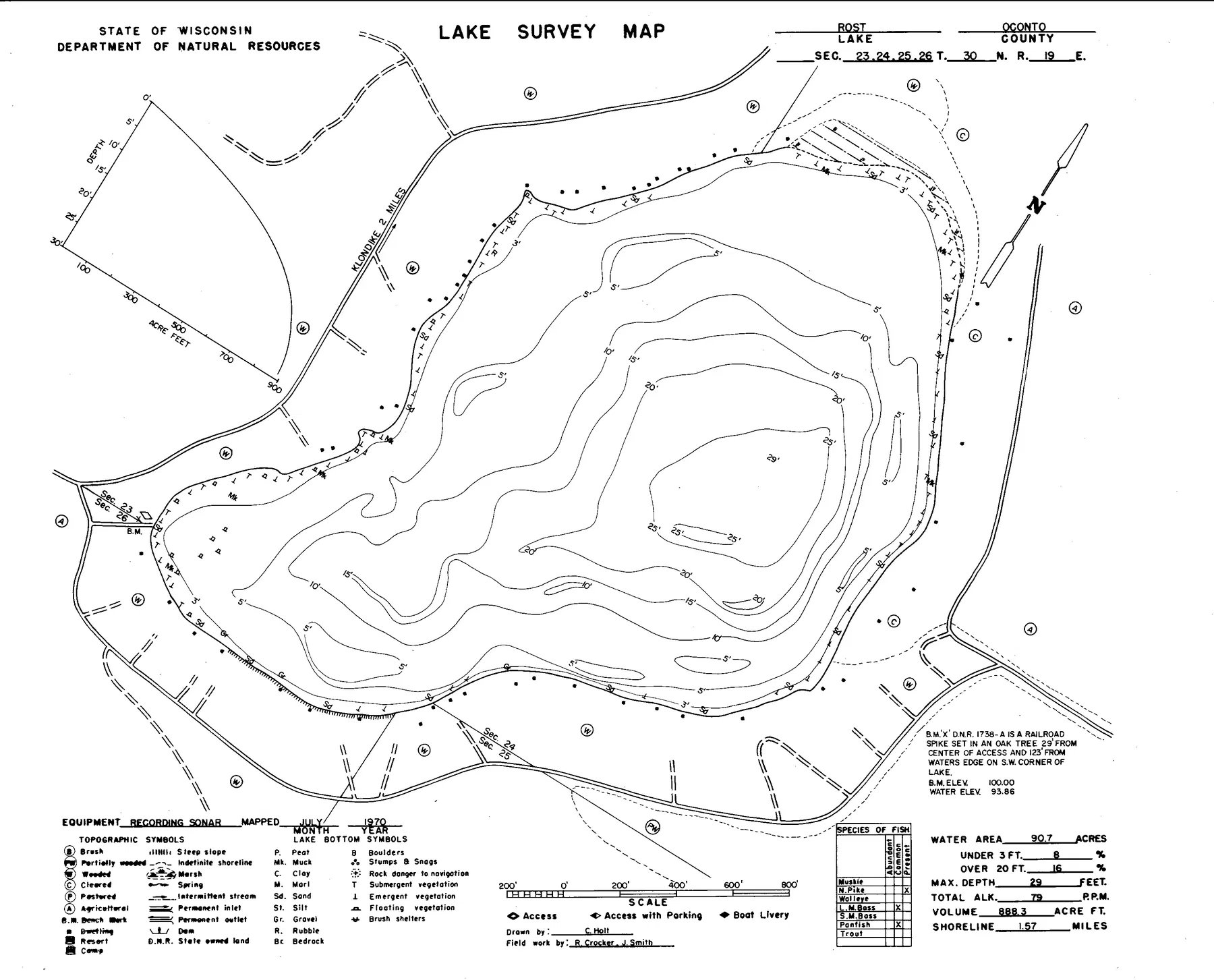 Rost Lake historical Wisconsin DNR depth map sheet 1