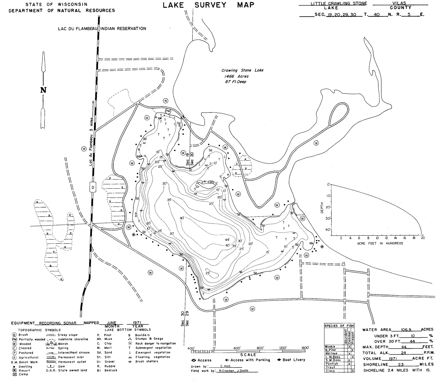 Little Crawling Stone Lake historical Wisconsin DNR depth map sheet 1