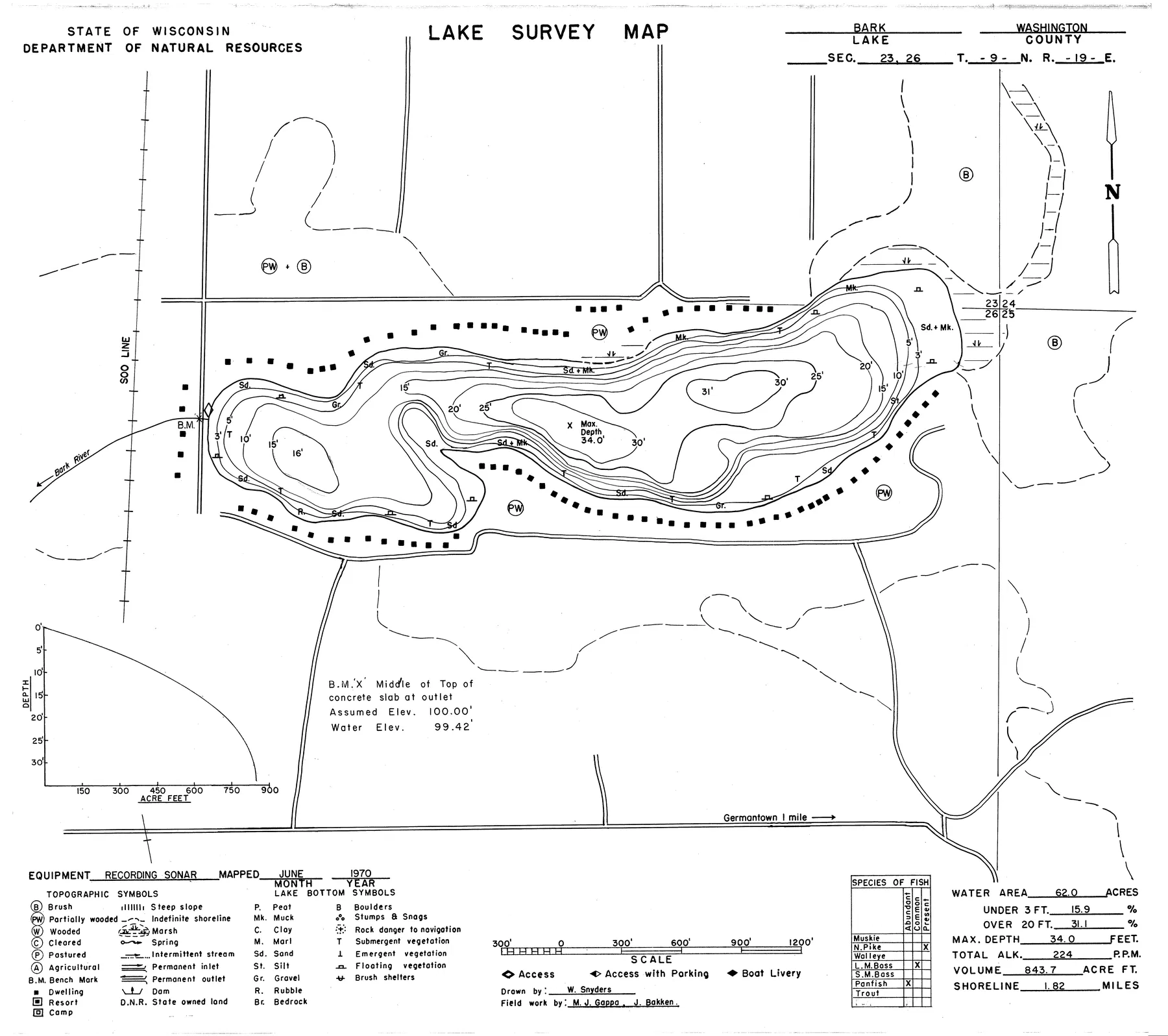 Bark Lake historical Wisconsin DNR depth map sheet 1
