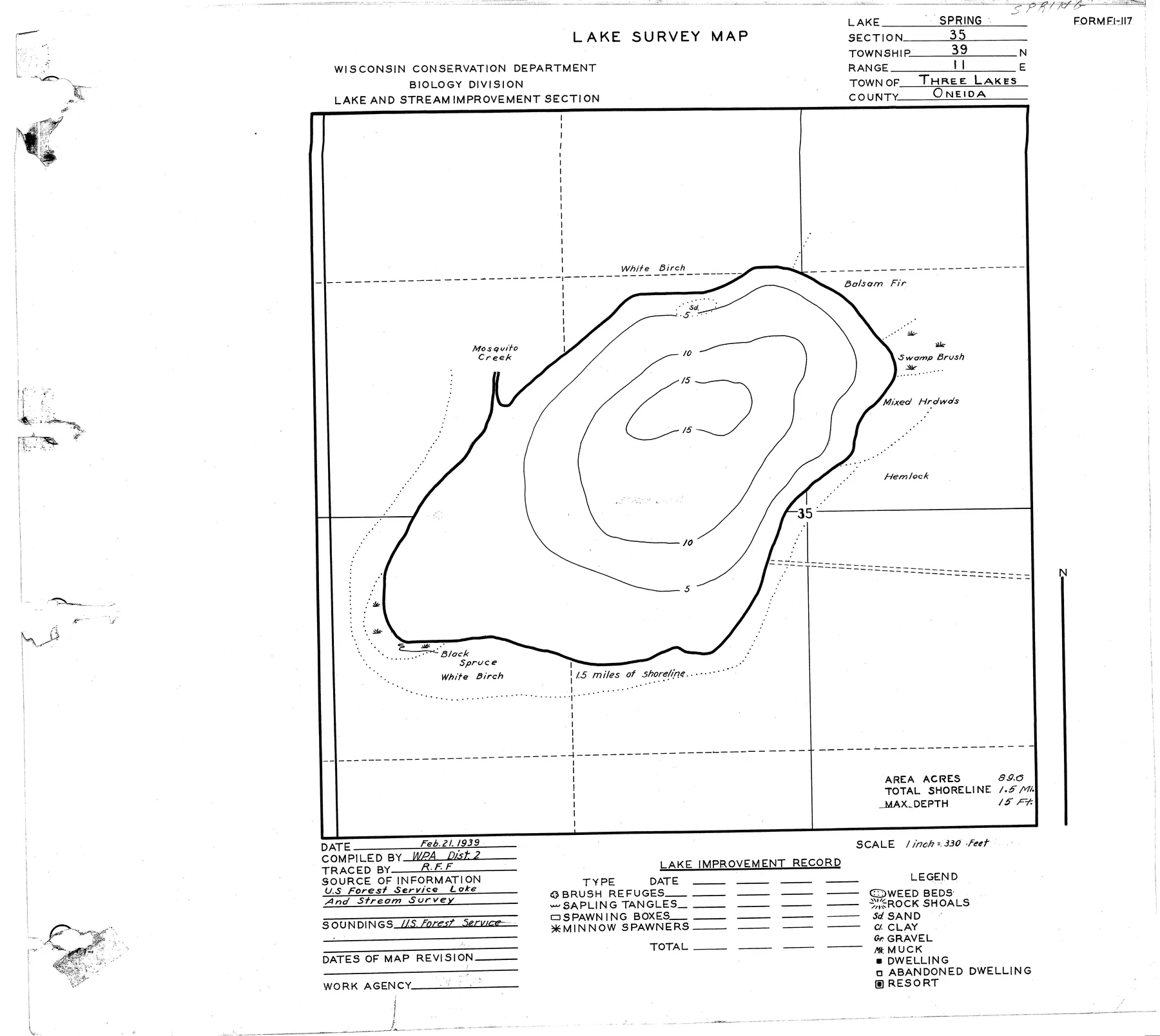 Spring Lake historical Wisconsin DNR depth map sheet 1