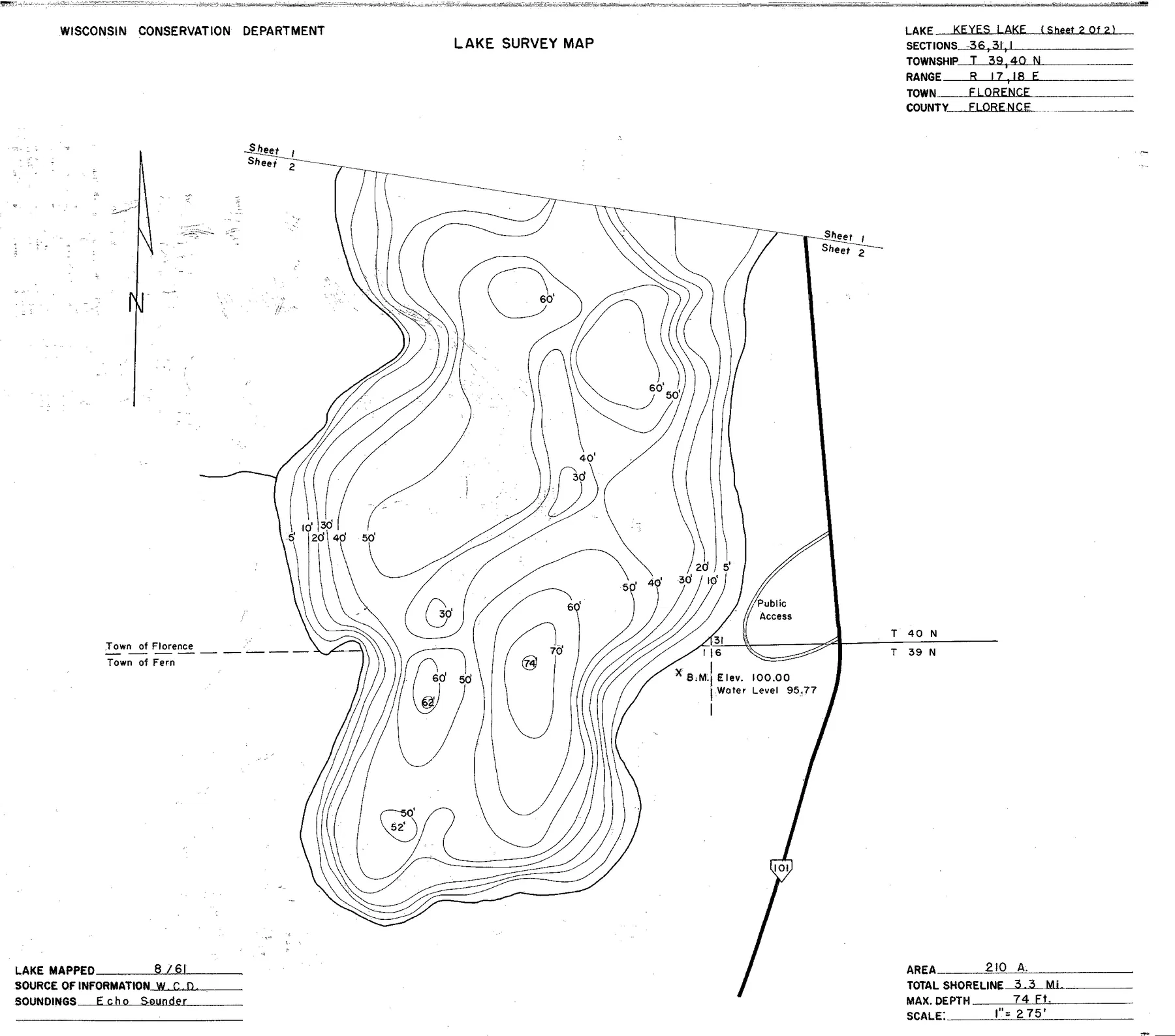 Keyes Lake historical Wisconsin DNR depth map sheet 2
