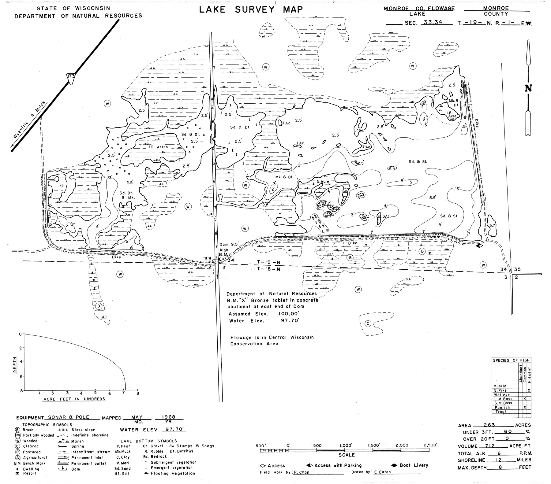 Monroe County Flowage historical Wisconsin DNR depth map sheet 1