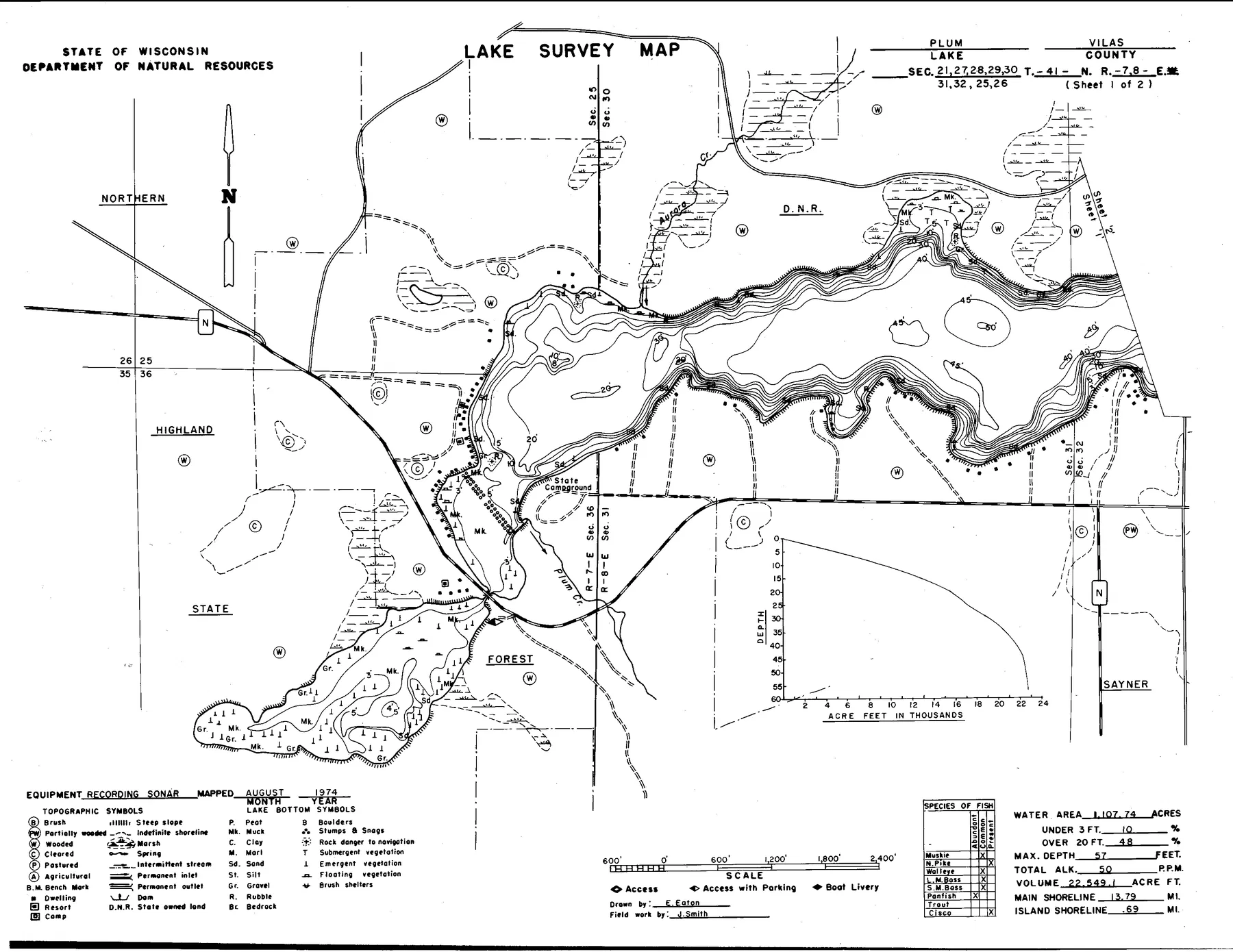 West Plum Lake historical Wisconsin DNR depth map sheet 1