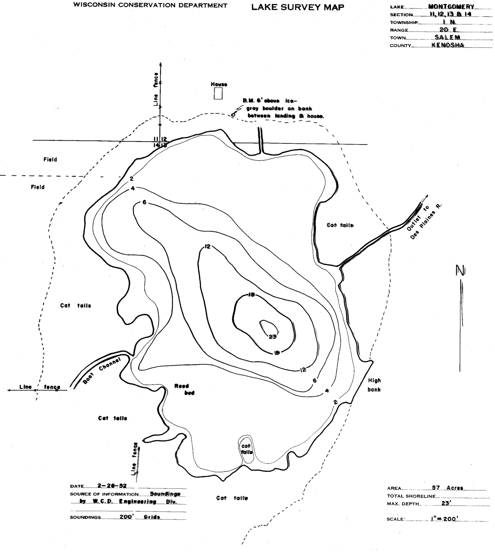 Montgomery Lake historical Wisconsin DNR depth map sheet 1