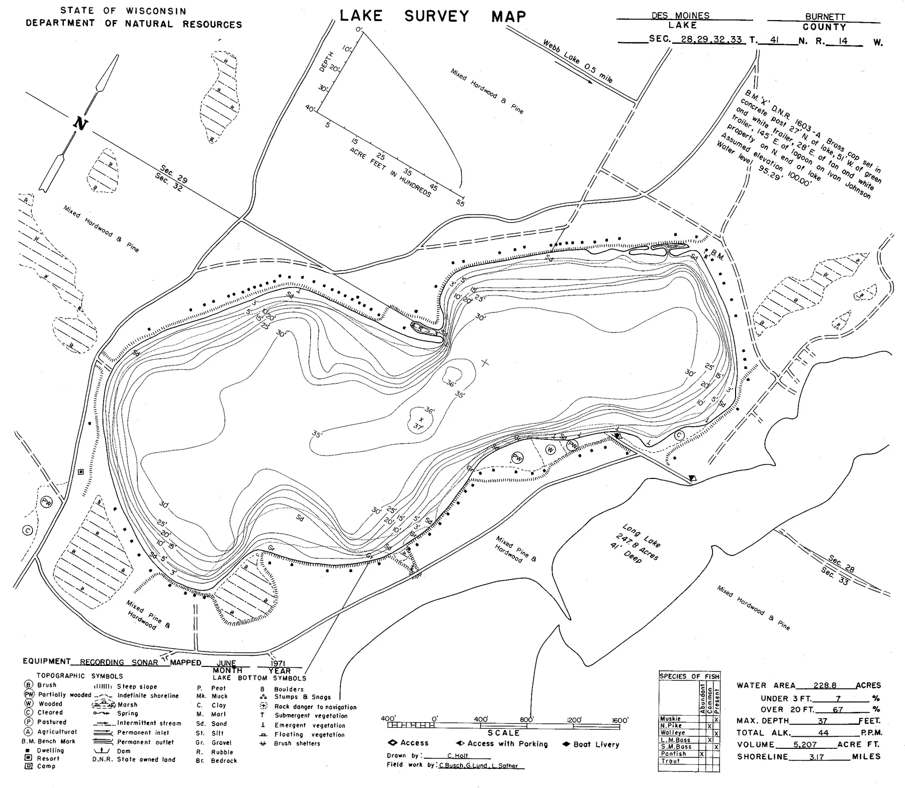 Des Moines Lake historical Wisconsin DNR depth map sheet 1