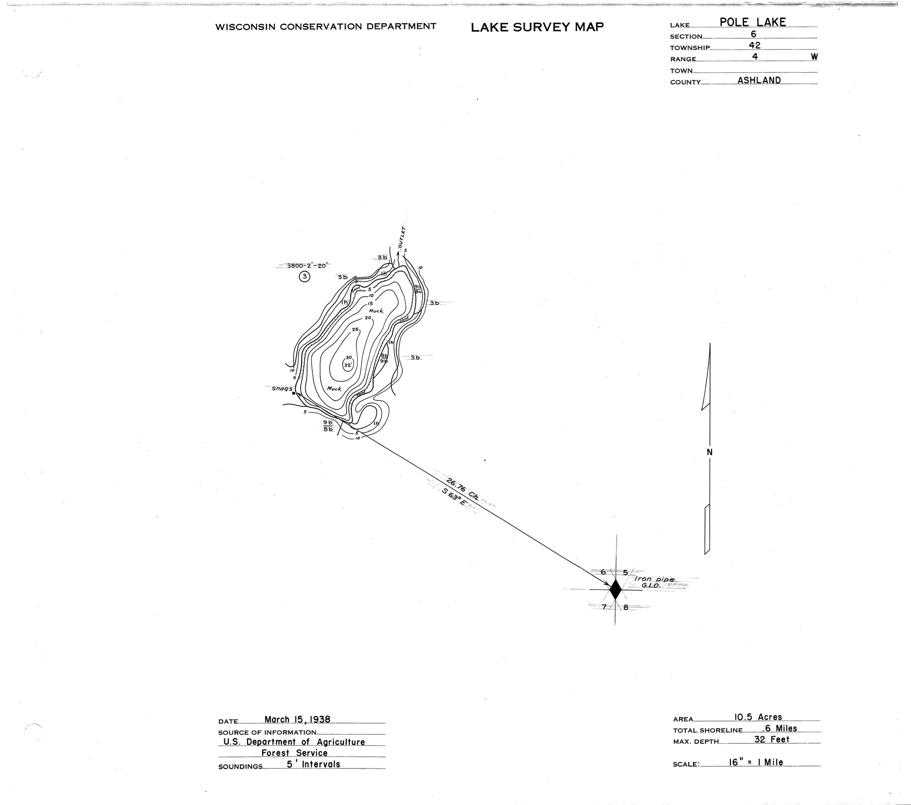 Pole Lake historical Wisconsin DNR depth map sheet 1