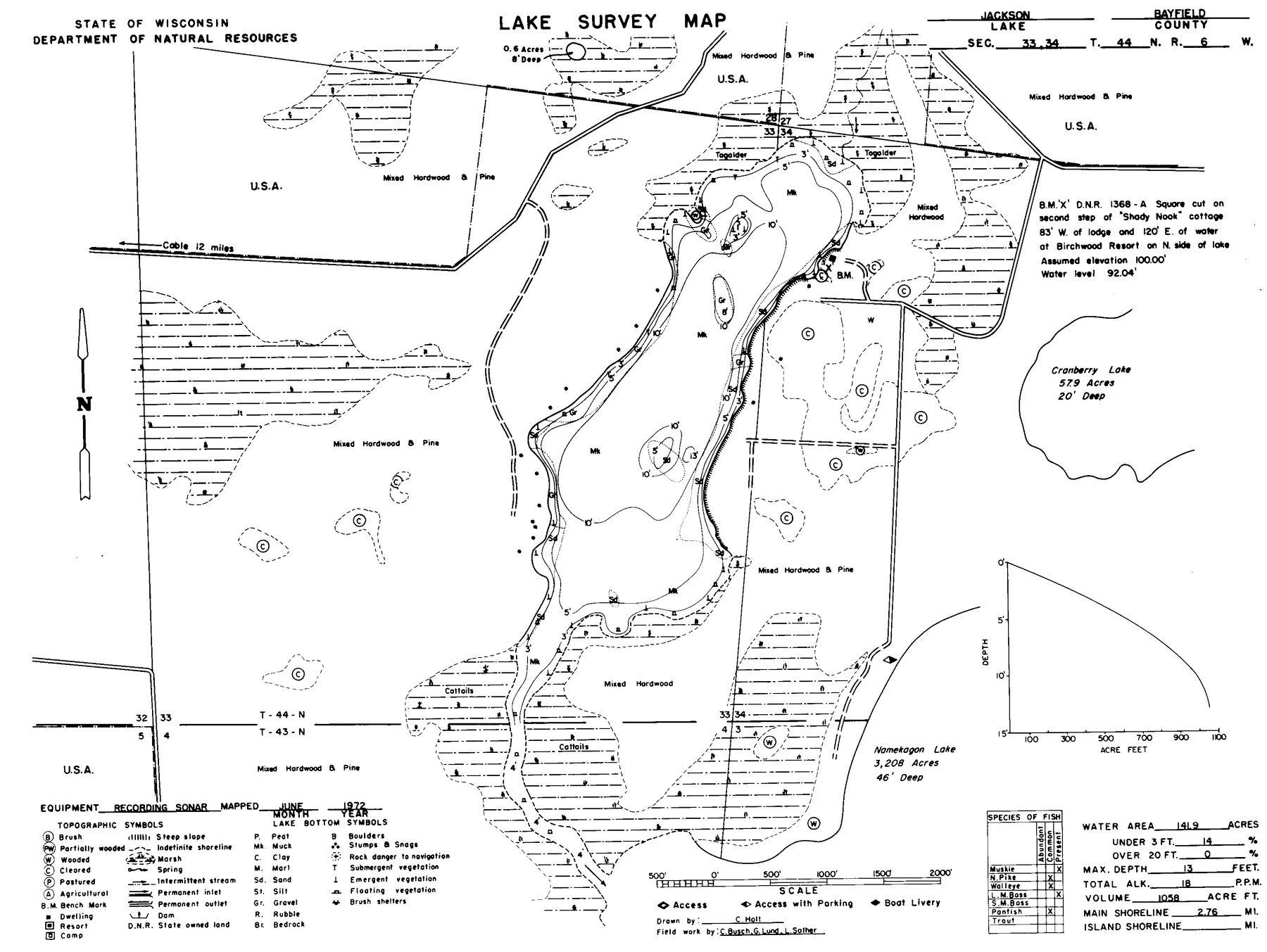 Jackson Lake historical Wisconsin DNR depth map sheet 1