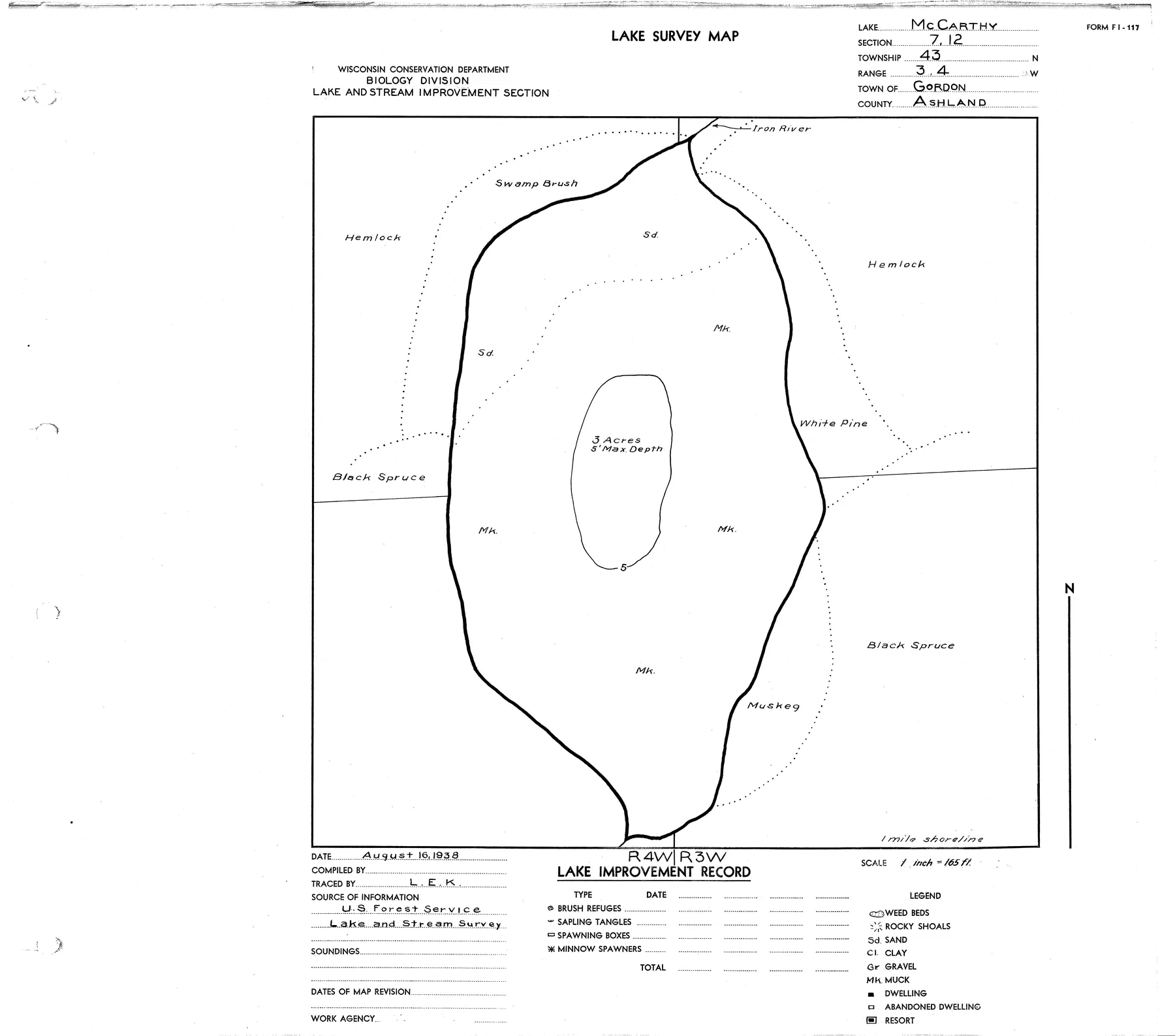 McCarthy Lake historical Wisconsin DNR depth map sheet 1