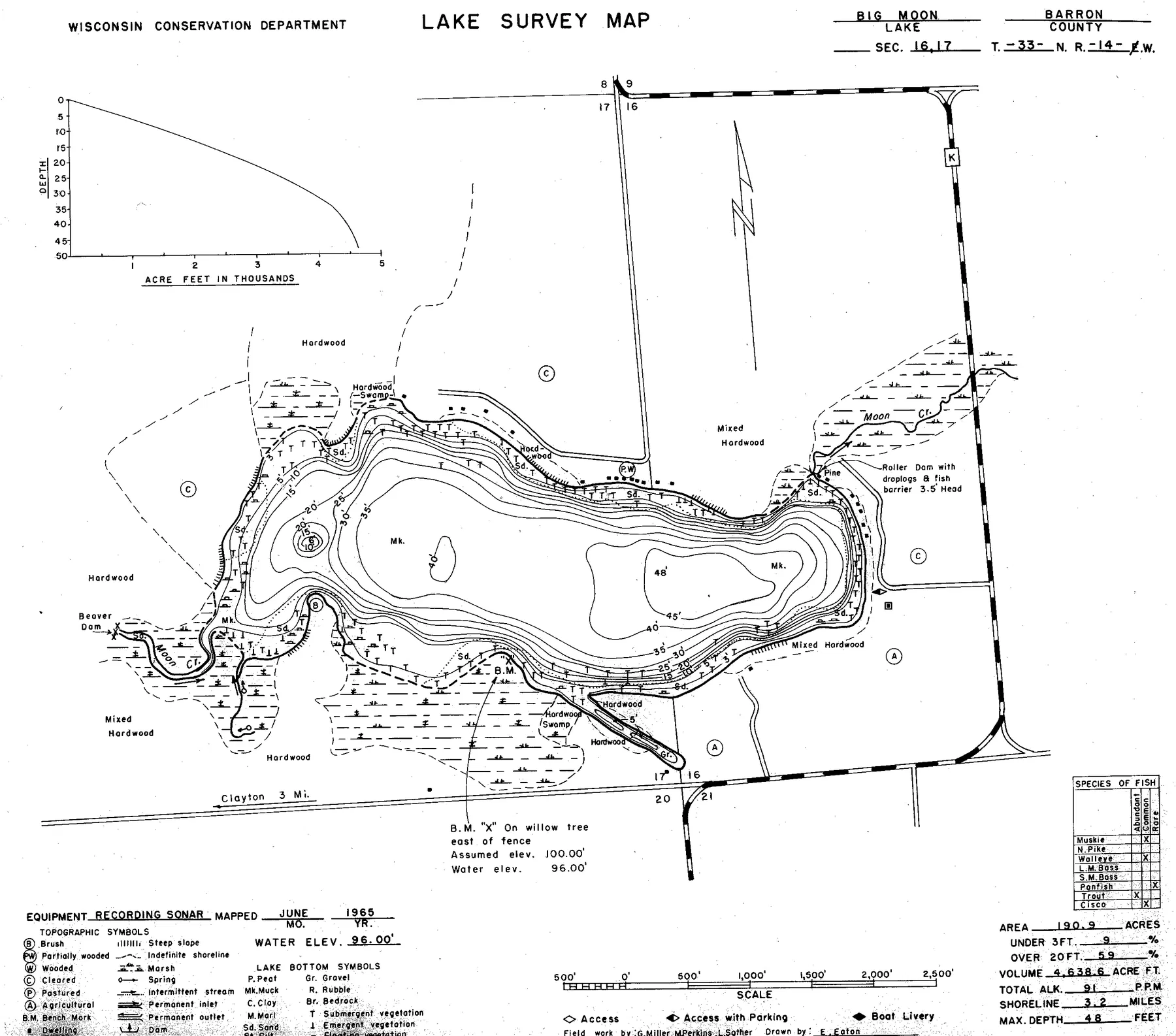 Big Moon Lake historical Wisconsin DNR depth map sheet 1