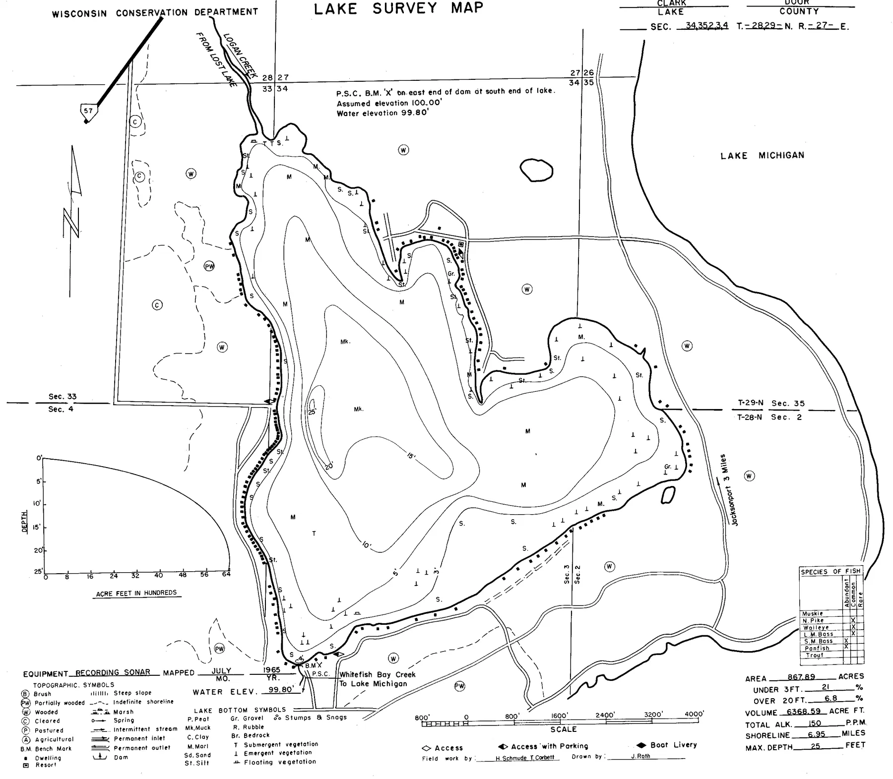 Clark Lake historical Wisconsin DNR depth map sheet 1