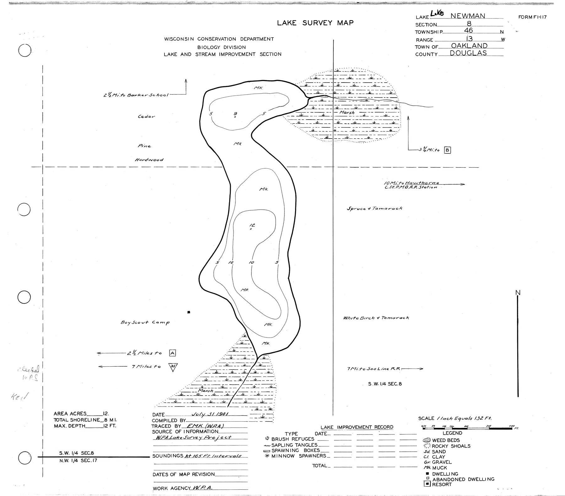 Lake Newman historical Wisconsin DNR depth map sheet 1