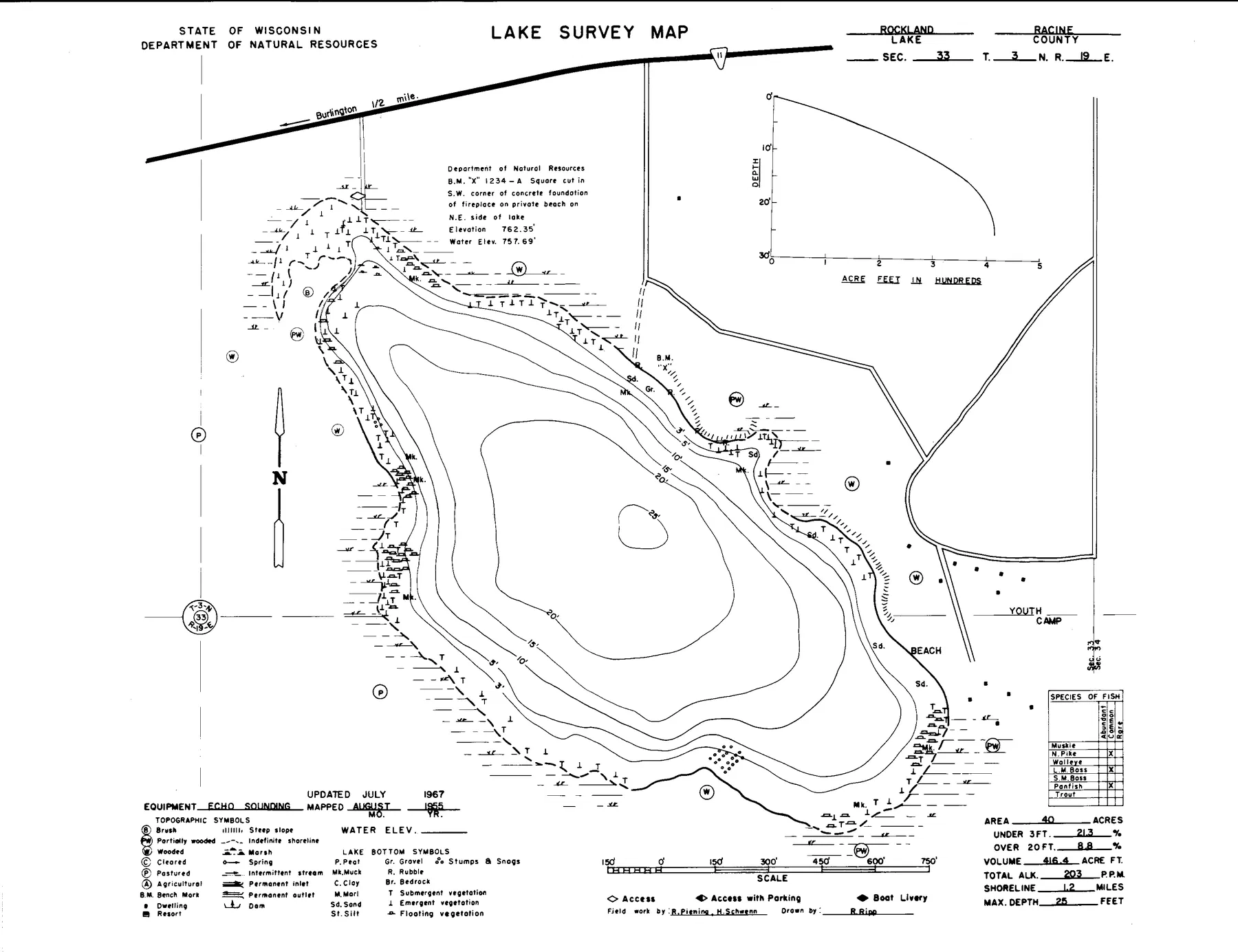 Rockland Lake historical Wisconsin DNR depth map sheet 1