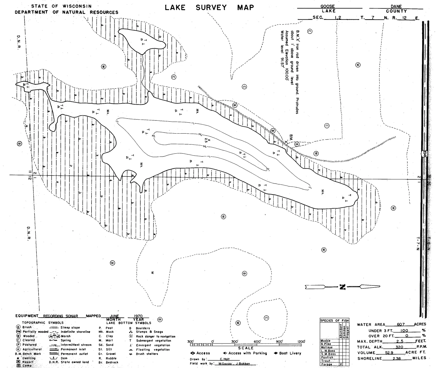 Goose Lake historical Wisconsin DNR depth map sheet 1