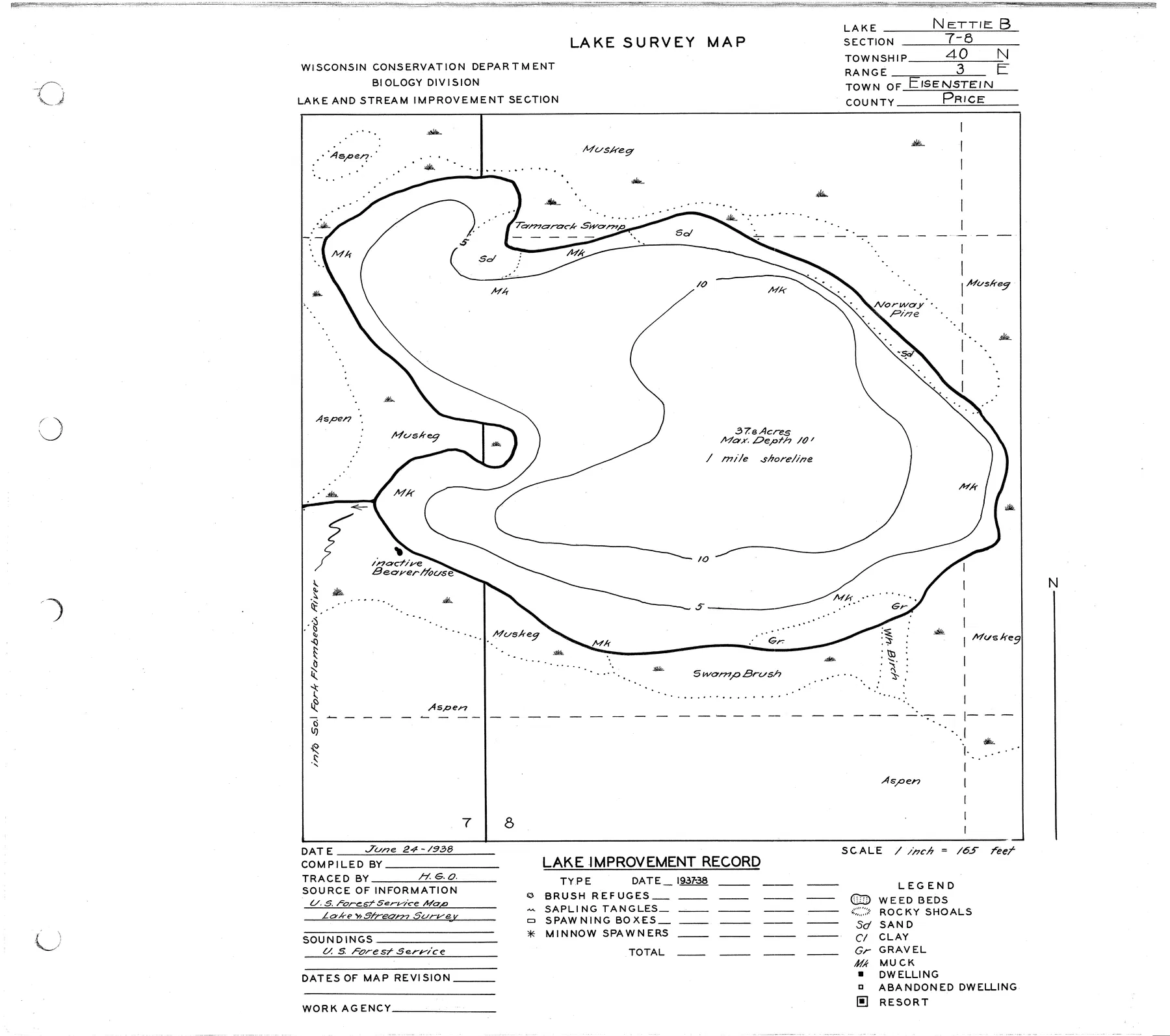 Nettie B Lake historical Wisconsin DNR depth map sheet 1
