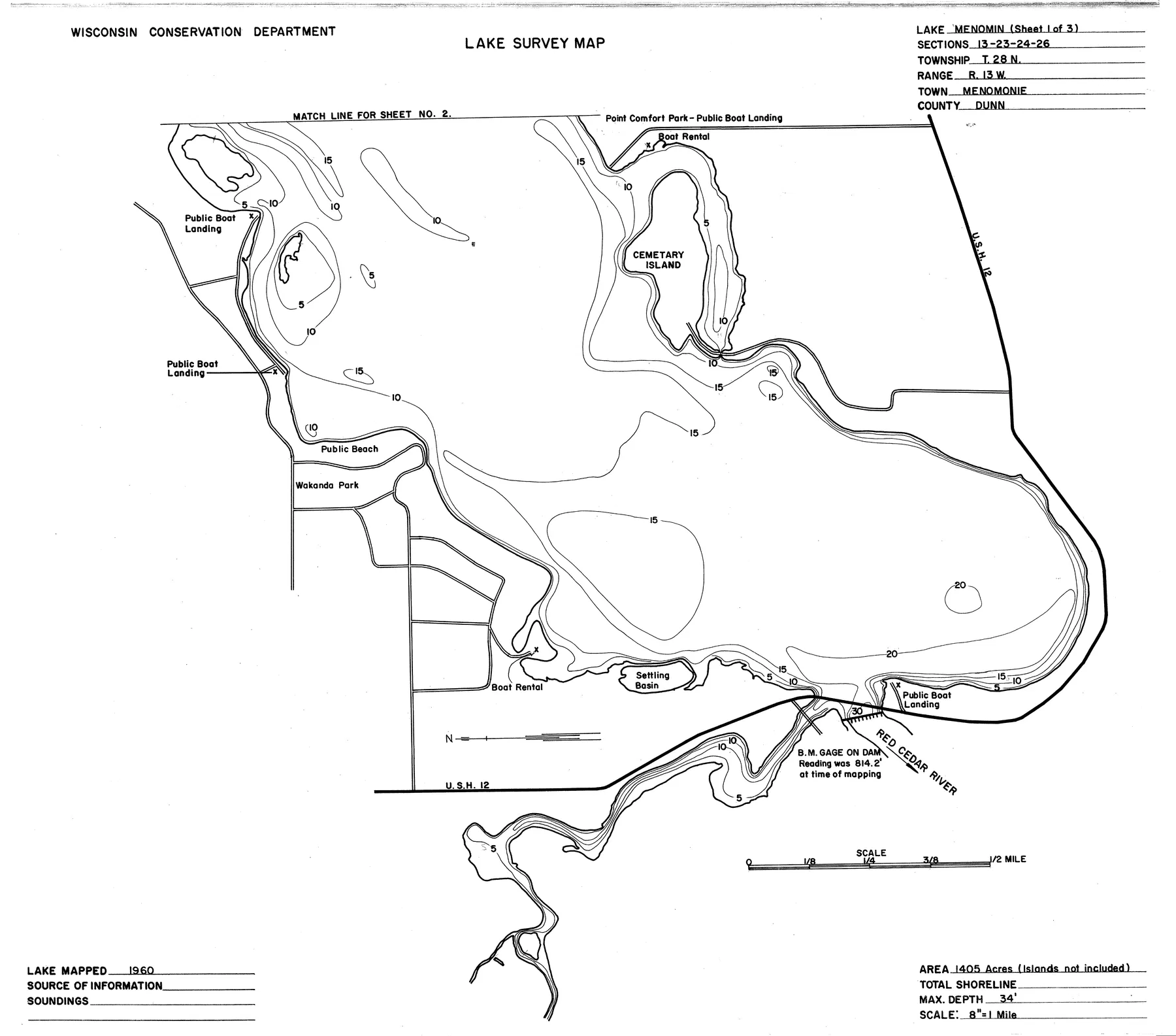Lake Menomin historical Wisconsin DNR depth map sheet 1