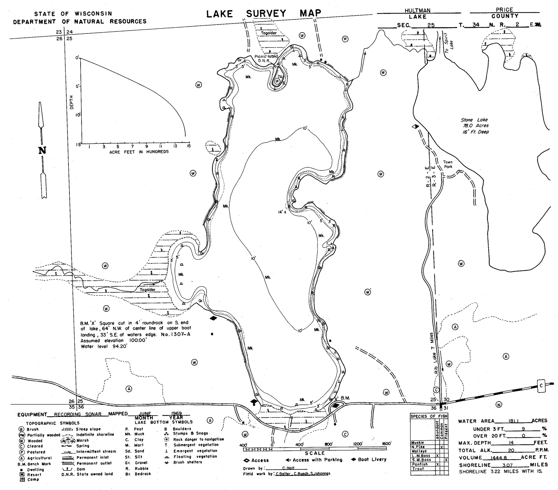 Hultman Lake historical Wisconsin DNR depth map sheet 1