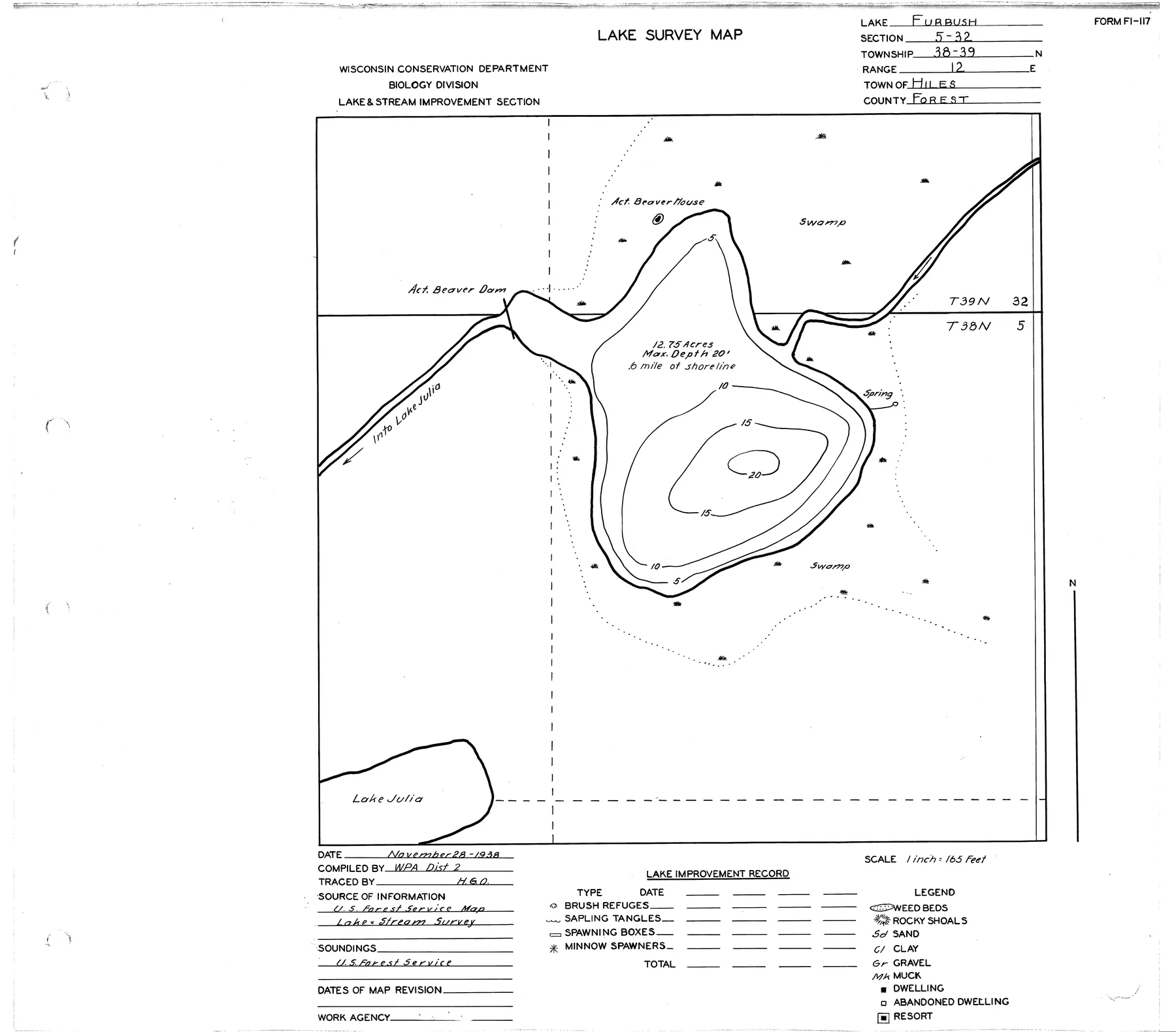 Furbush Lake historical Wisconsin DNR depth map sheet 1
