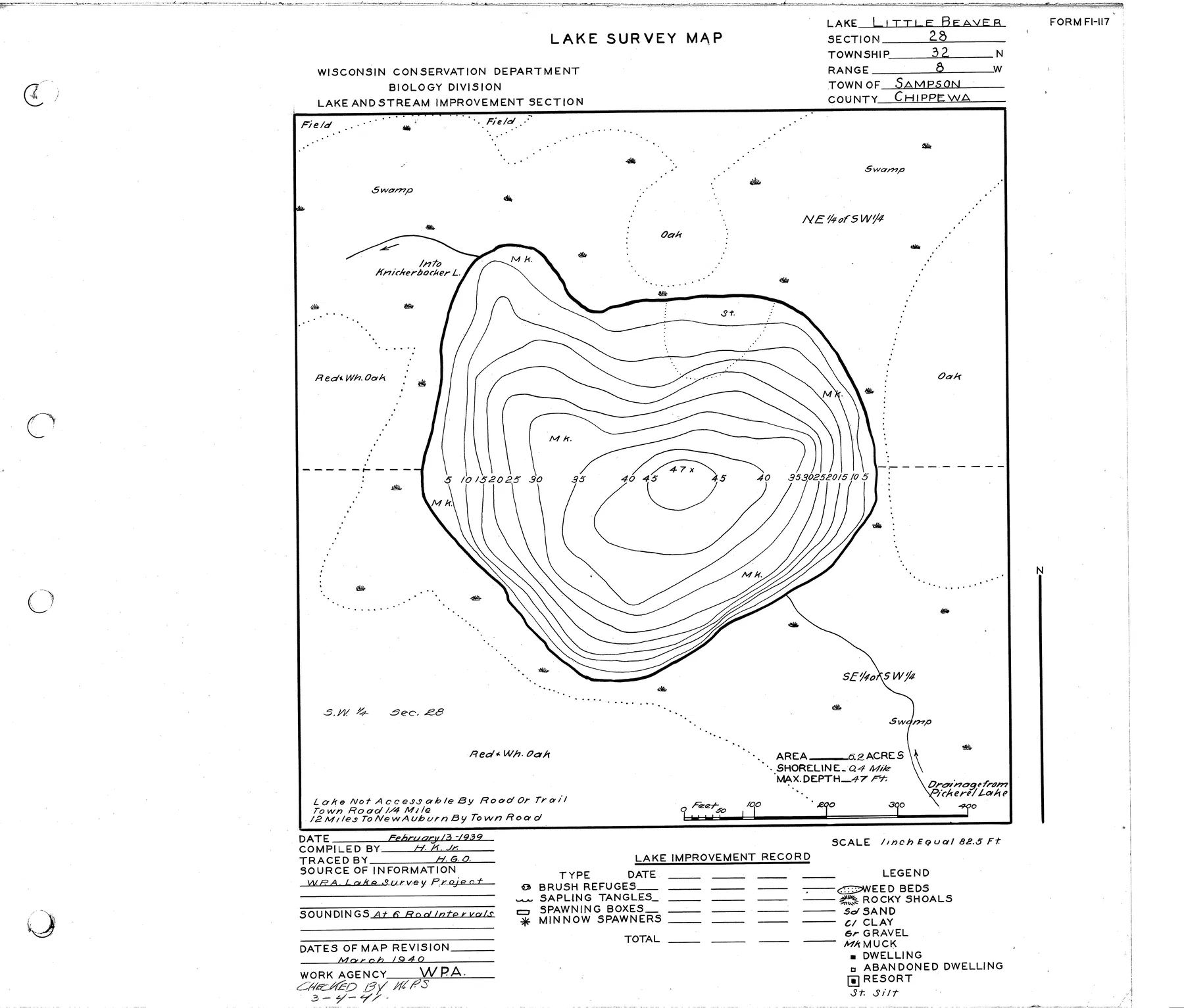 Little Beaver Lake historical Wisconsin DNR depth map sheet 1