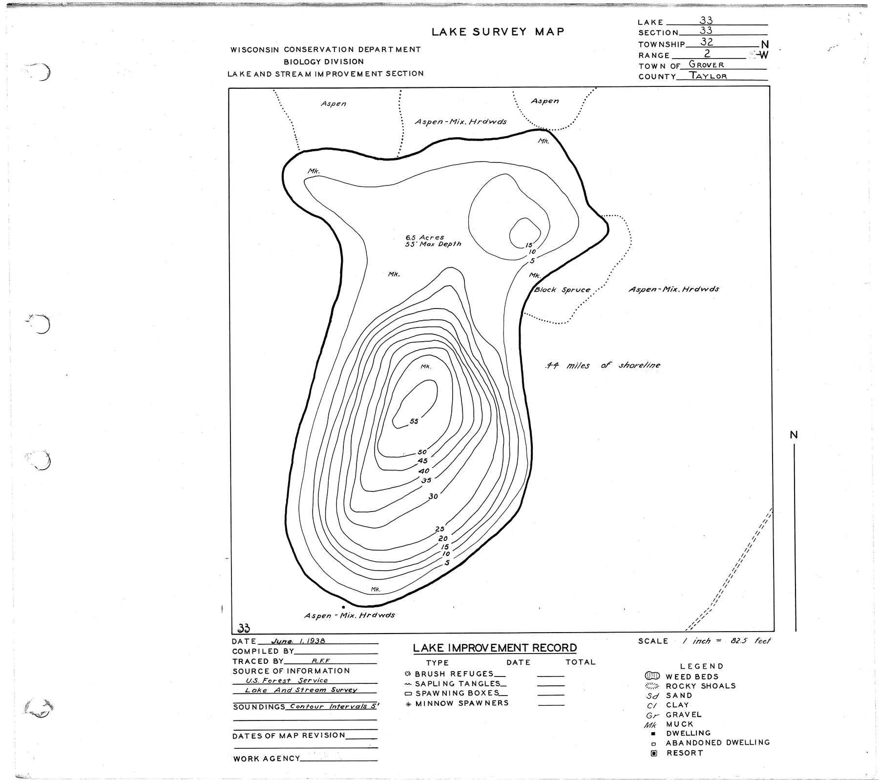 Thirty-Three Lake historical Wisconsin DNR depth map sheet 1