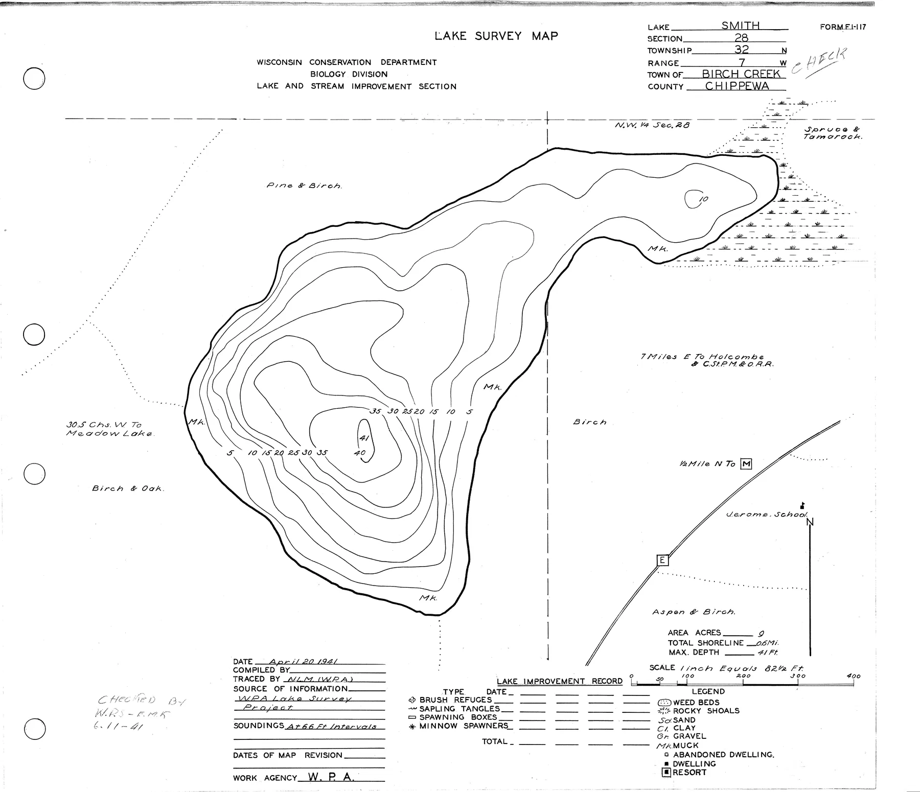 Smith Lake historical Wisconsin DNR depth map sheet 1