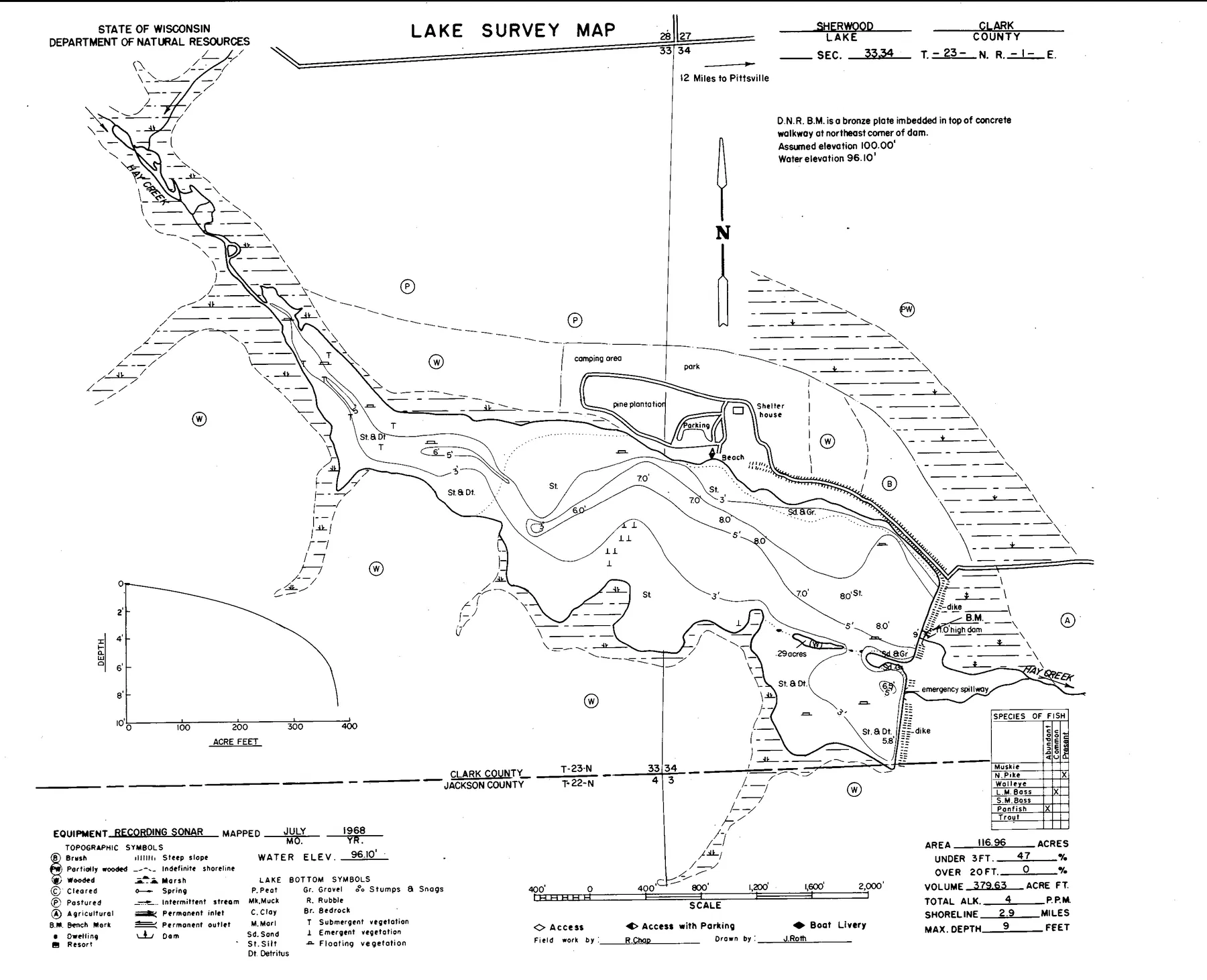 Sherwood Lake historical Wisconsin DNR depth map sheet 1