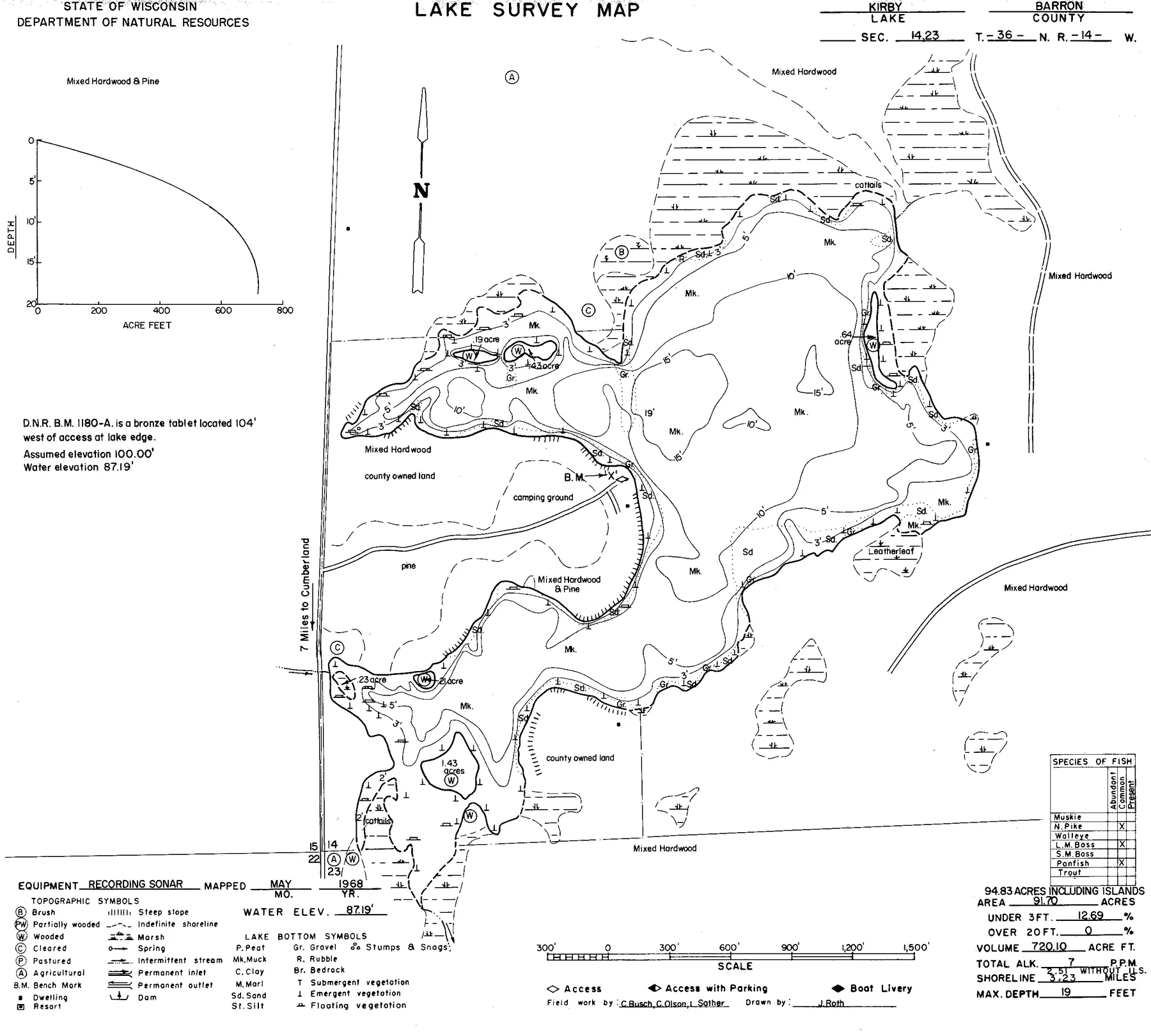 Kirby Lake historical Wisconsin DNR depth map sheet 1