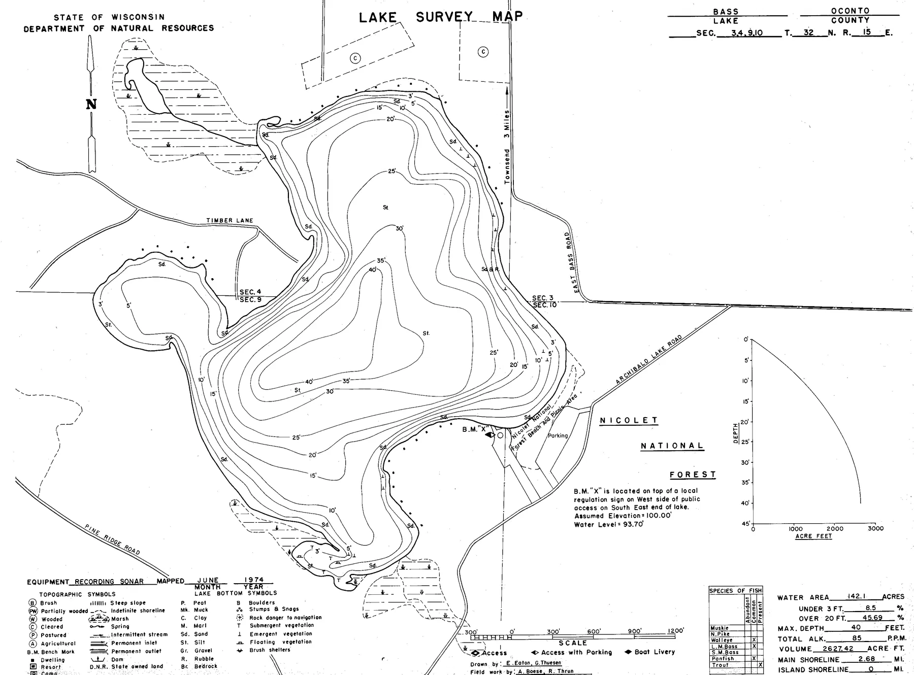 Bass Lake historical Wisconsin DNR depth map sheet 1