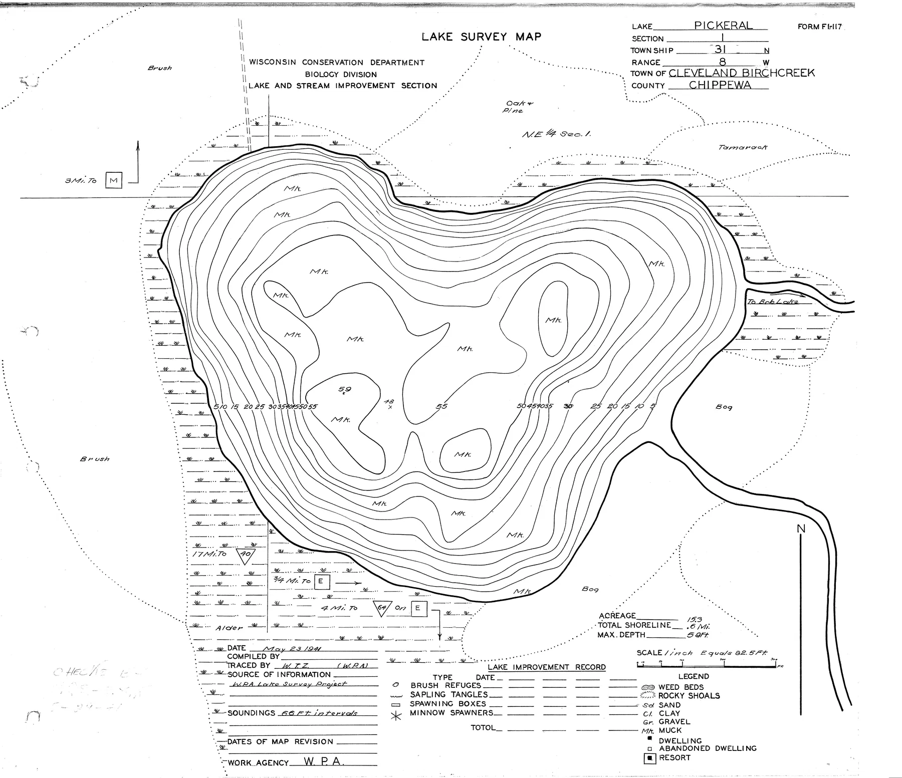 Pickerel Lake historical Wisconsin DNR depth map sheet 1