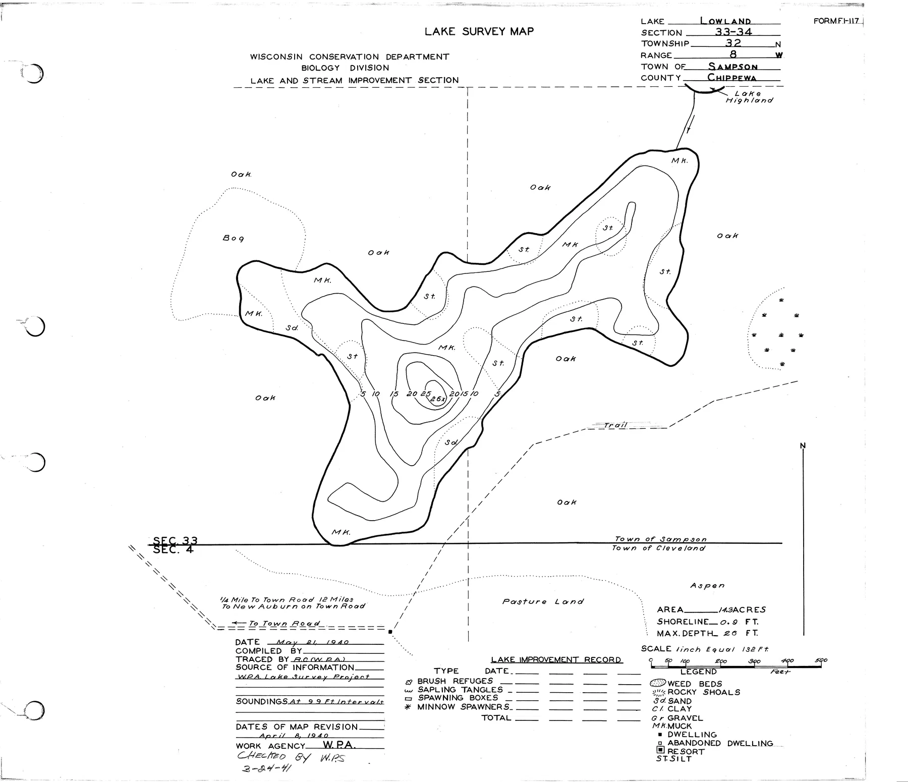 Lowland Lake historical Wisconsin DNR depth map sheet 1