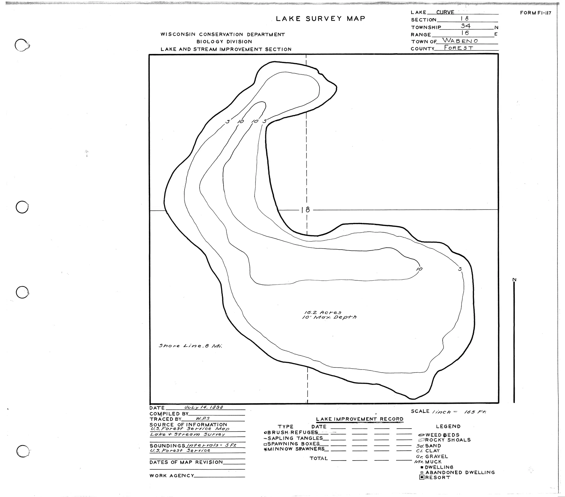 Curve Lake historical Wisconsin DNR depth map sheet 1