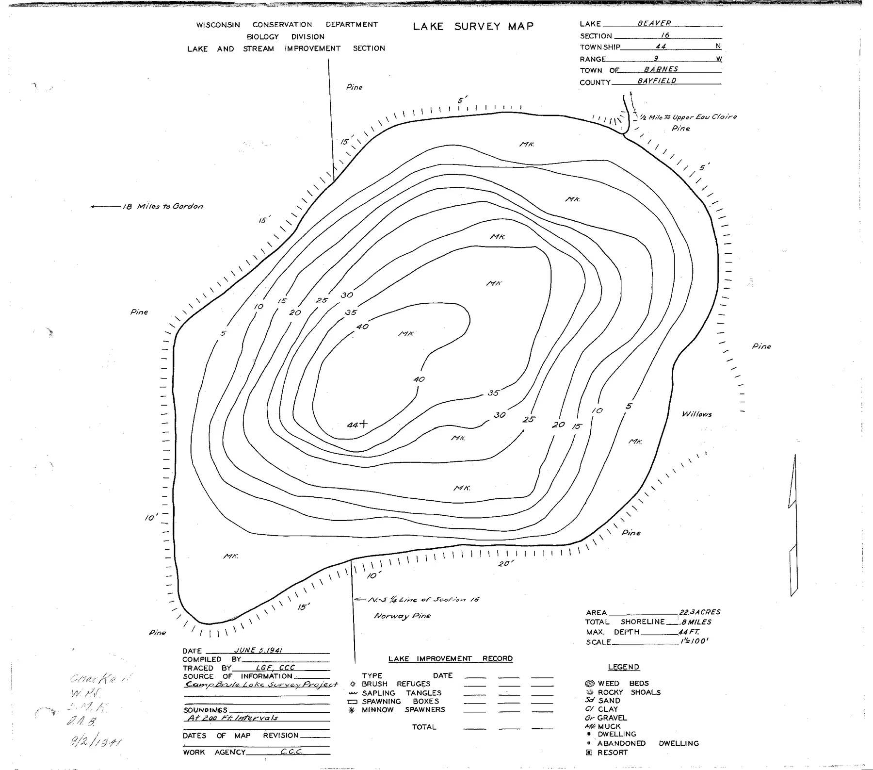 Devils Lake historical Wisconsin DNR depth map sheet 1