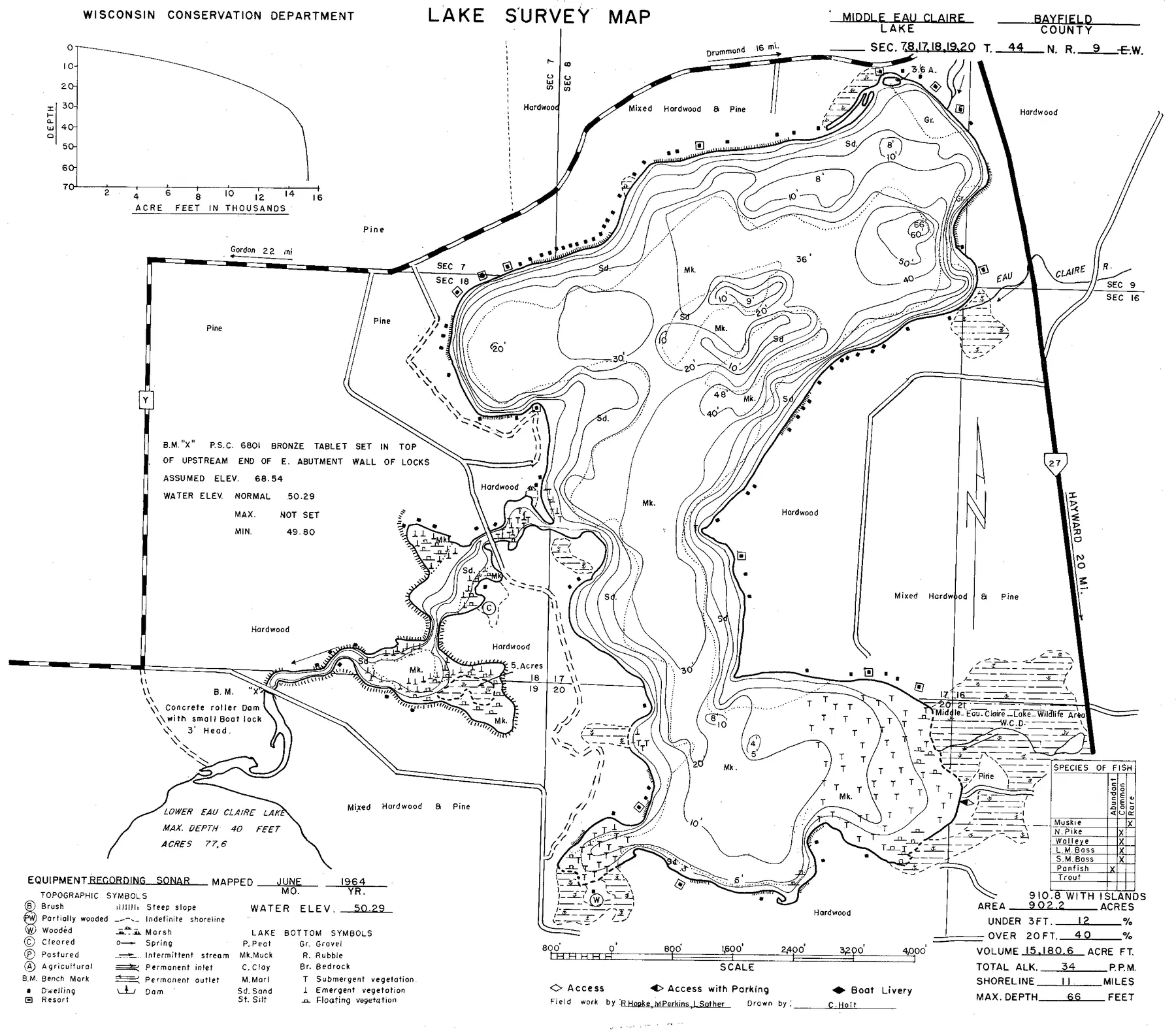 Middle Eau Claire Lake historical Wisconsin DNR depth map sheet 1