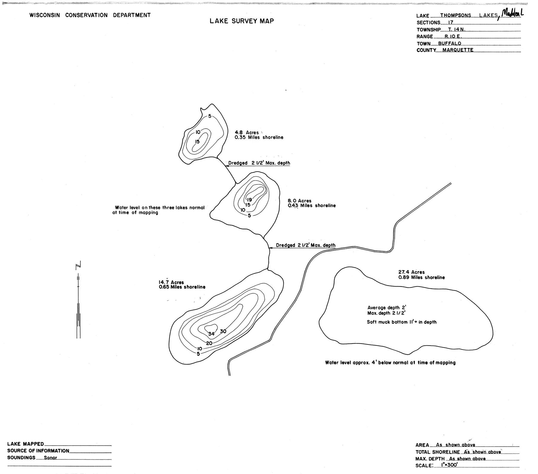 Madden Lakes historical Wisconsin DNR depth map sheet 1