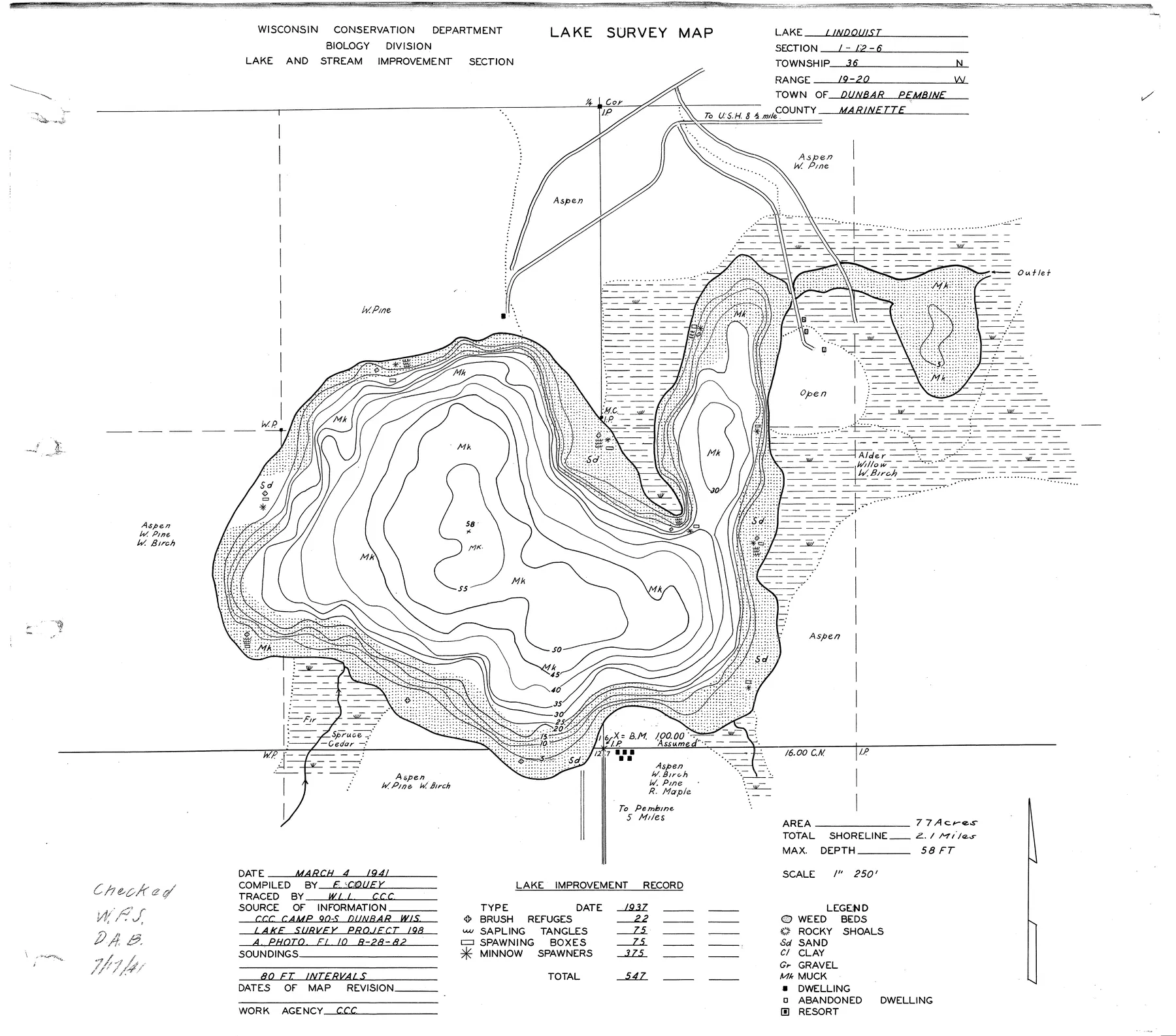 Lindquist Lake historical Wisconsin DNR depth map sheet 1
