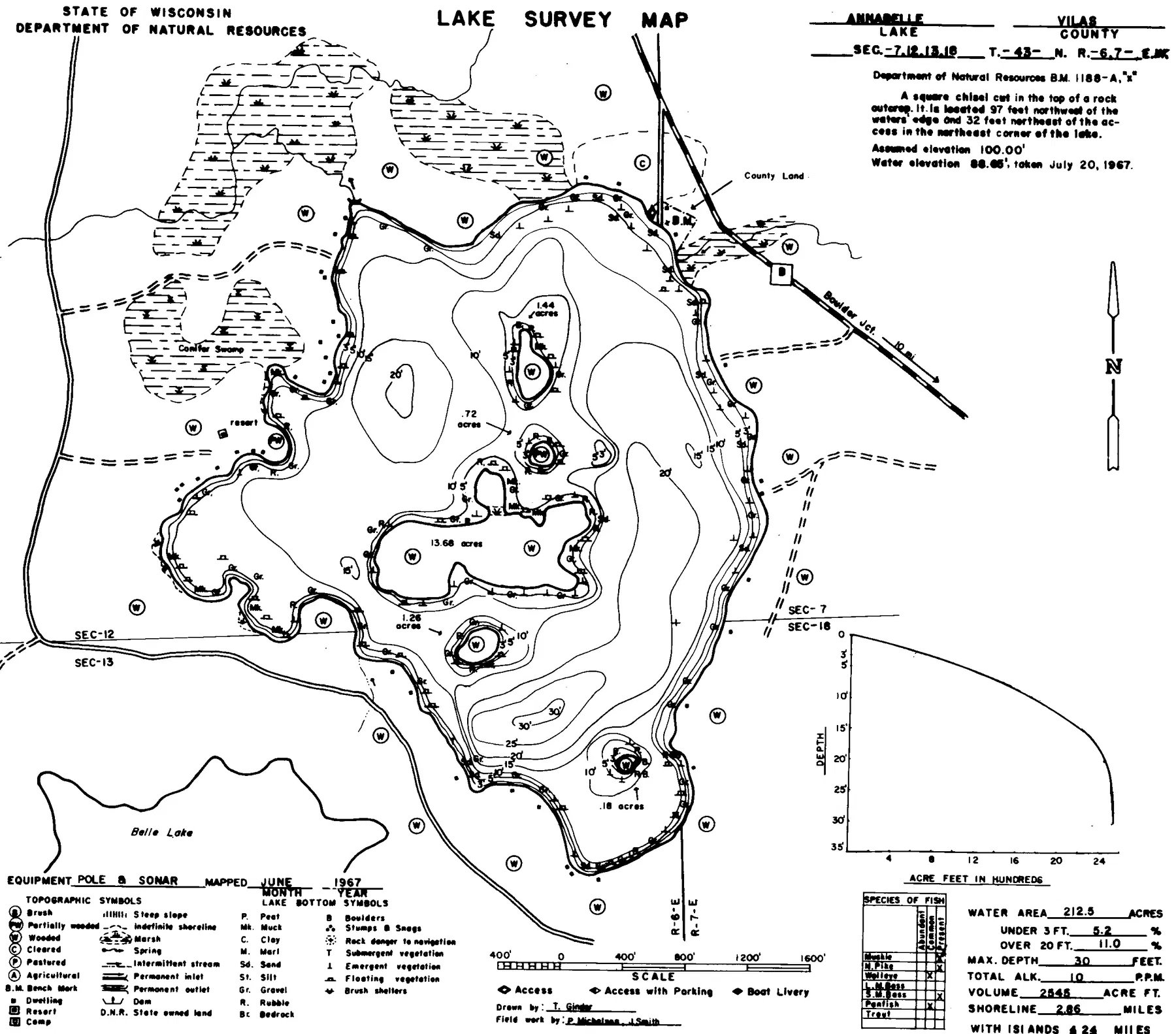 Annabelle Lake historical Wisconsin DNR depth map sheet 1