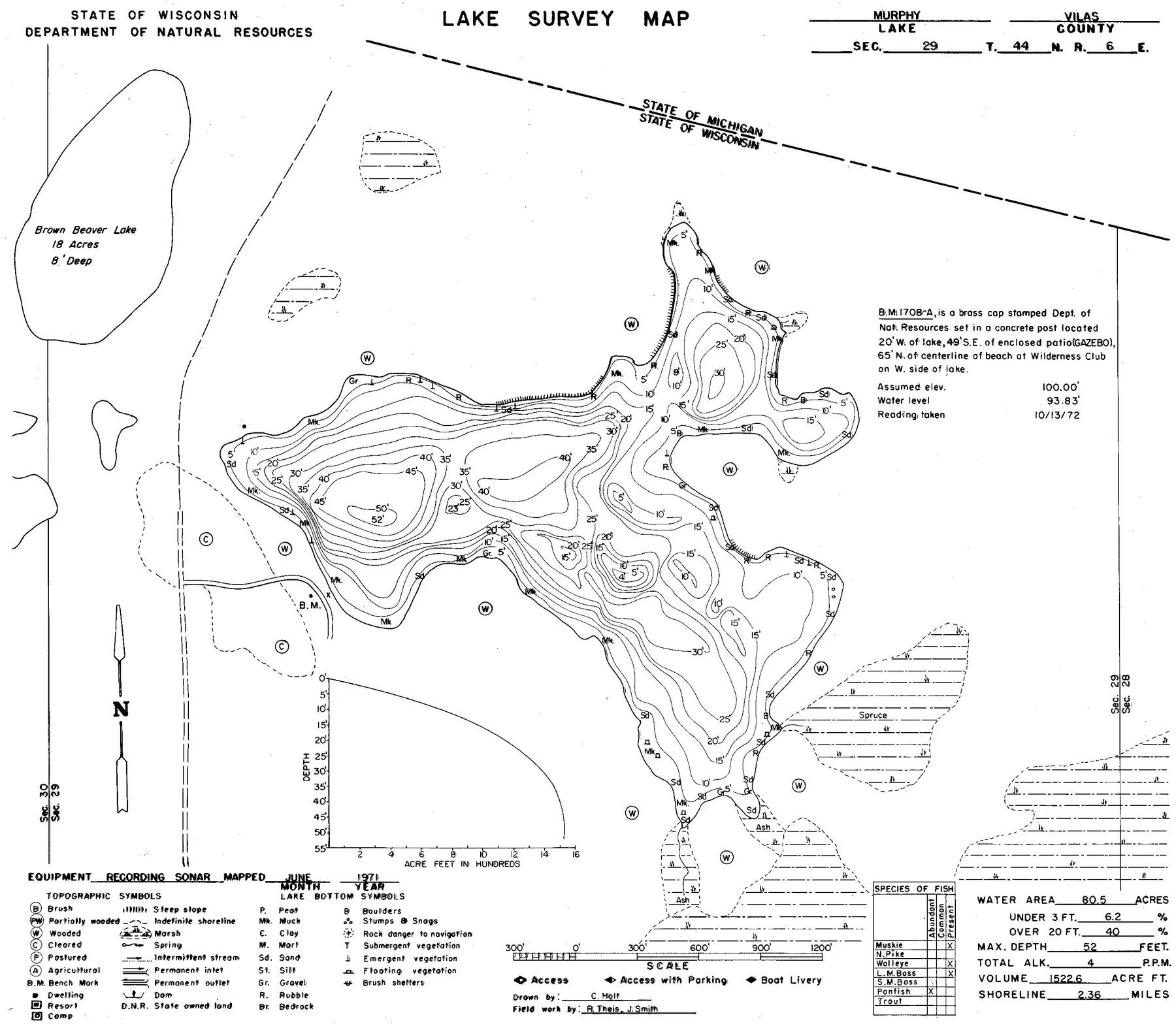 Murphy Lake historical Wisconsin DNR depth map sheet 1
