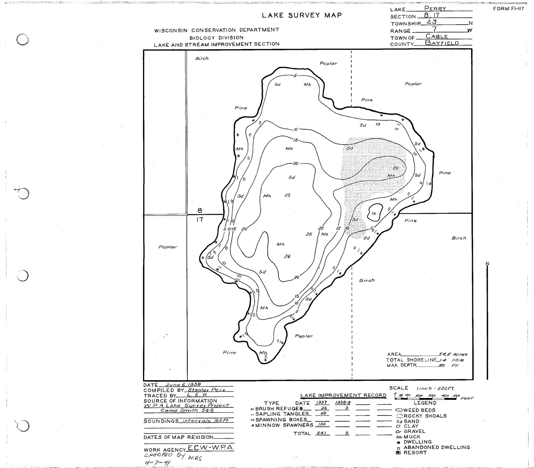 Perry Lake historical Wisconsin DNR depth map sheet 1